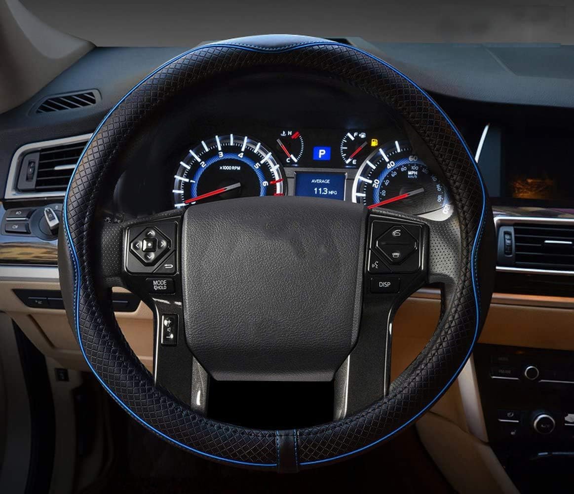 Valleycomfy Steering Wheel Covers Universal 15.75 inch - Genuine Leather, Breathable, Anti Slip &amp; Odor (Black with Blue Lines, L(15" 1/2-16"))