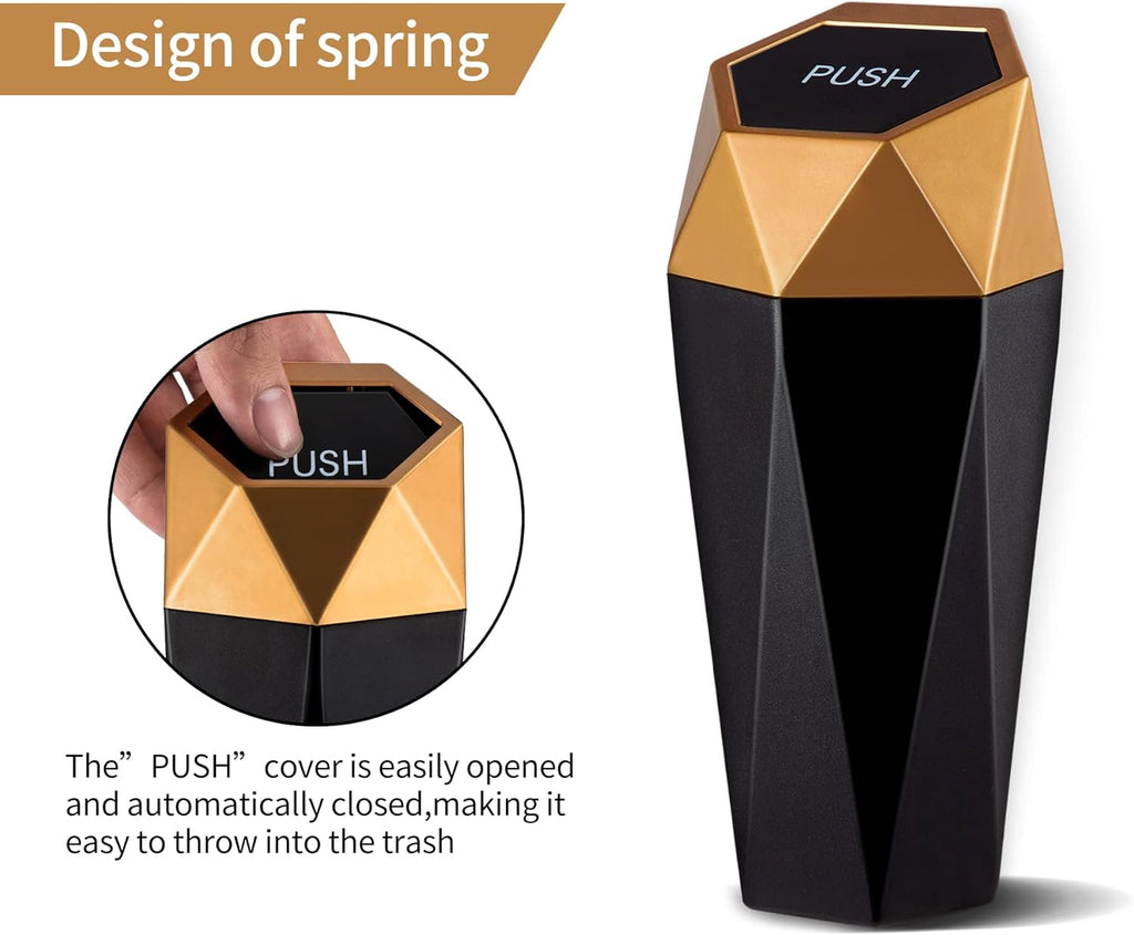 JUSTTOP Car Trash Can with Lid, Diamond  Small Automatic Portable Trash Can, Easy to Clean, Used in Car Home Office (Gold)