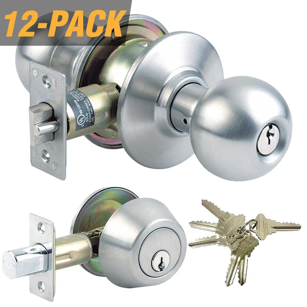 Steel Grade 3 Combo Lock Set with Entry Door Knob and Deadbolt, 72 SC1 Keys Total, (12-Pack, Keyed Alike)