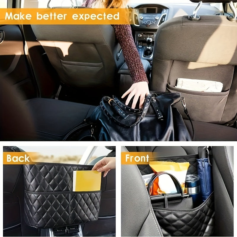 Car Purse Handbag Holder Between Seats, Leather Car Seat Back Organizer With 3 Pockets, LarCapacity StoraBag
