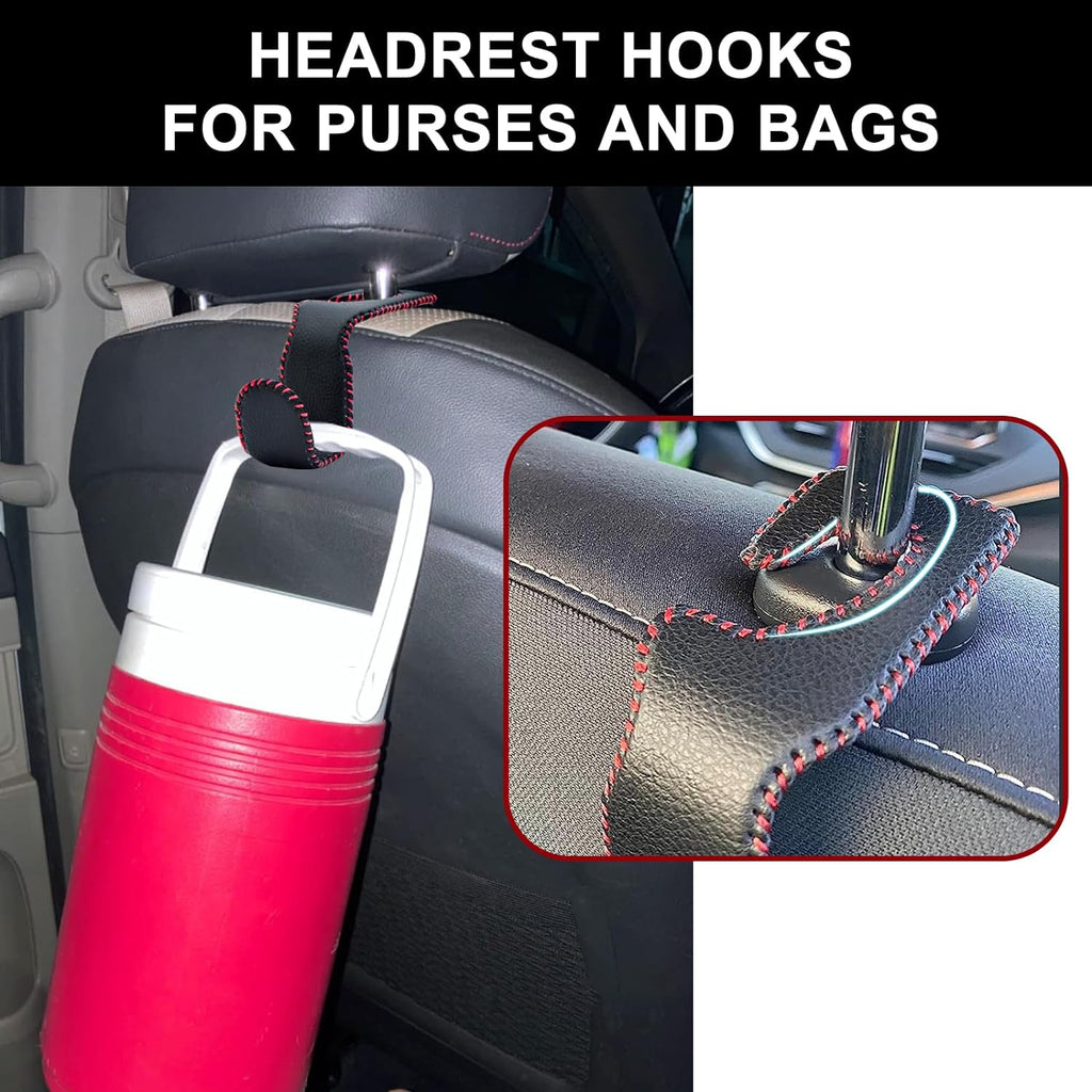 EldHus Seat Hooks for Purses and Bags, 4 Pack Car Purse Holder for Grocery Bag Handbag Clothes, Metal Headrest Hooks Covered by Leather, Black Red