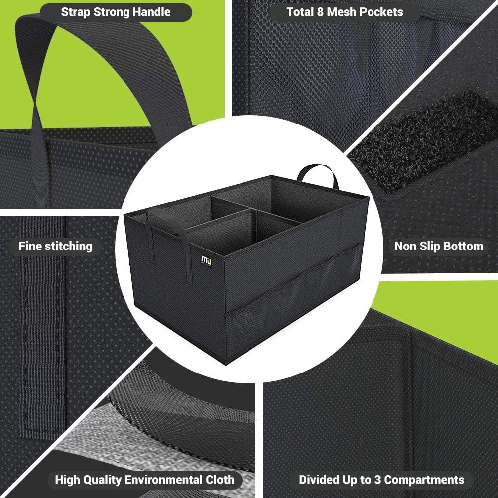 MIU COLOR Car Trunk Organizer with 8 Mesh Pockets, 52L Collapsible Cargo Storage Containers with Strap Handle for Sedan SUV, Black