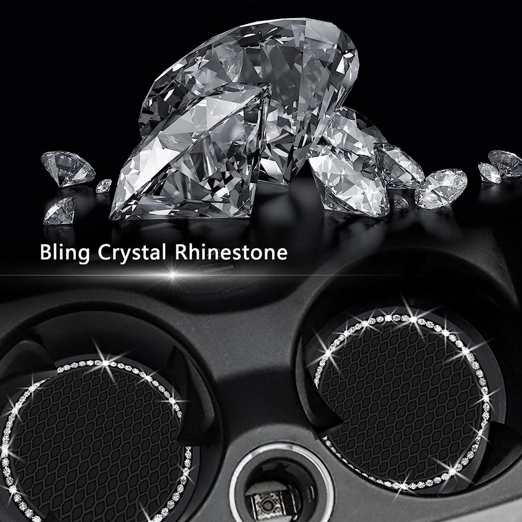 2PCS Bling Car Cup Coaster, 2.75 Inch Auto Car Cup Holder Insert Coasters Silicone Anti-Slip Crystal Rhinestone Drink Car Cup Mat, Universal Vehicle Interior Accessories for Women Girls (Black)