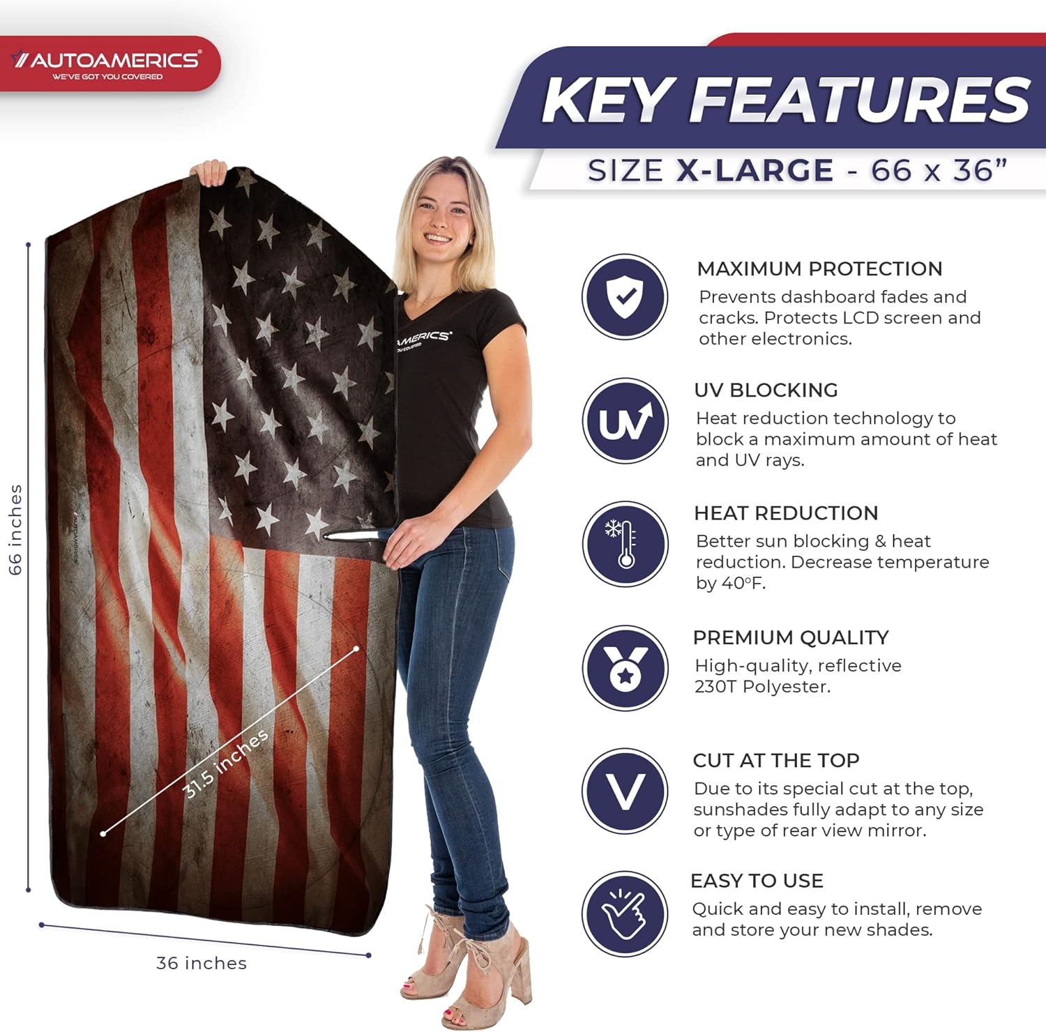 Autoamerics 1-Piece Windshield Sun Shade Grunge American Flag - 1 USA  - Foldable Car Front Window Sunshade for Most Sedans SUV Truck - Blocks Max UV Rays and Keeps Your Vehicle Cool - X-Large