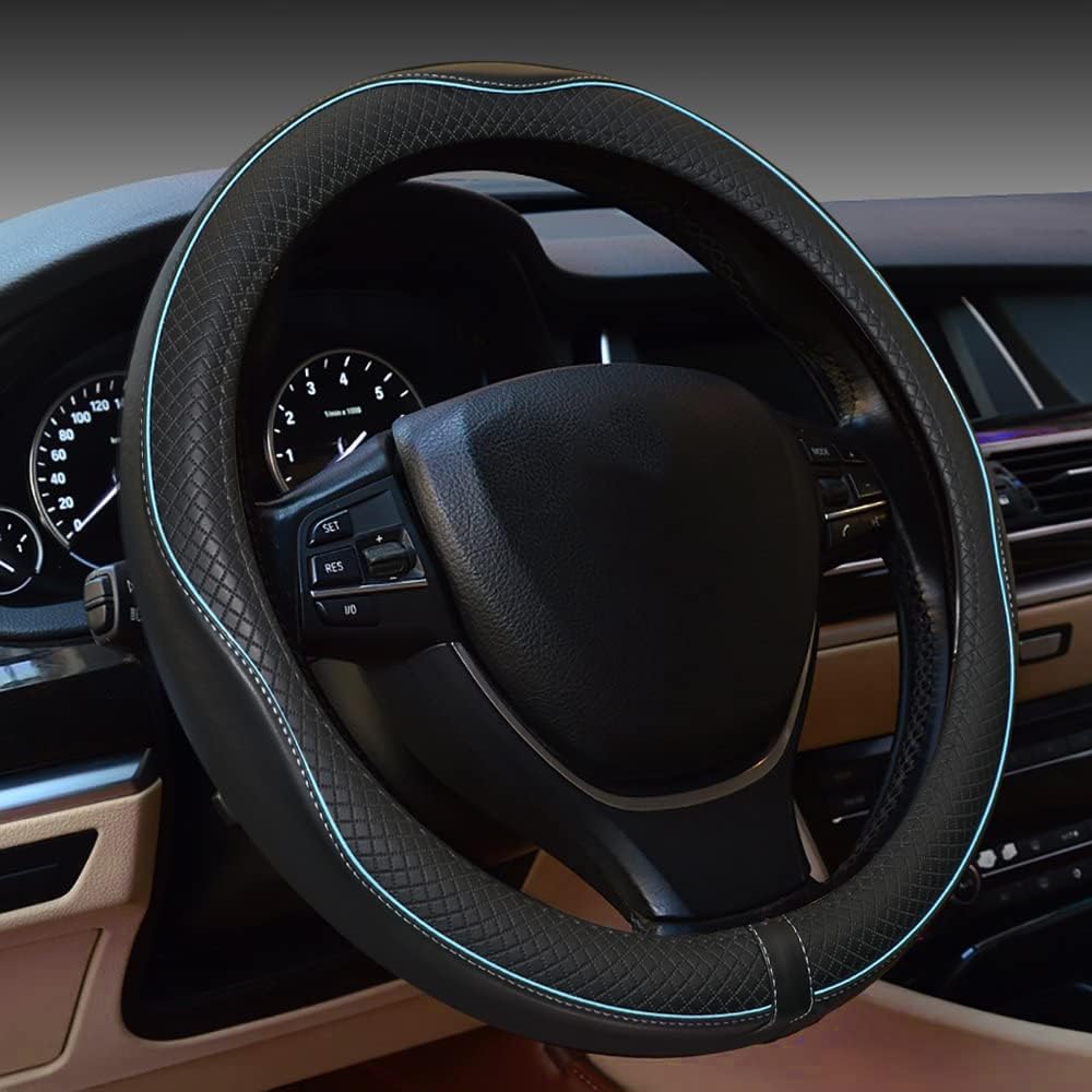Car Steering Wheel Cover,Anti-Slip, Safety, Soft, Breathable,Heavy Duty, Thick,Full Surround,Sports Style (Black with Light Blue Line)
