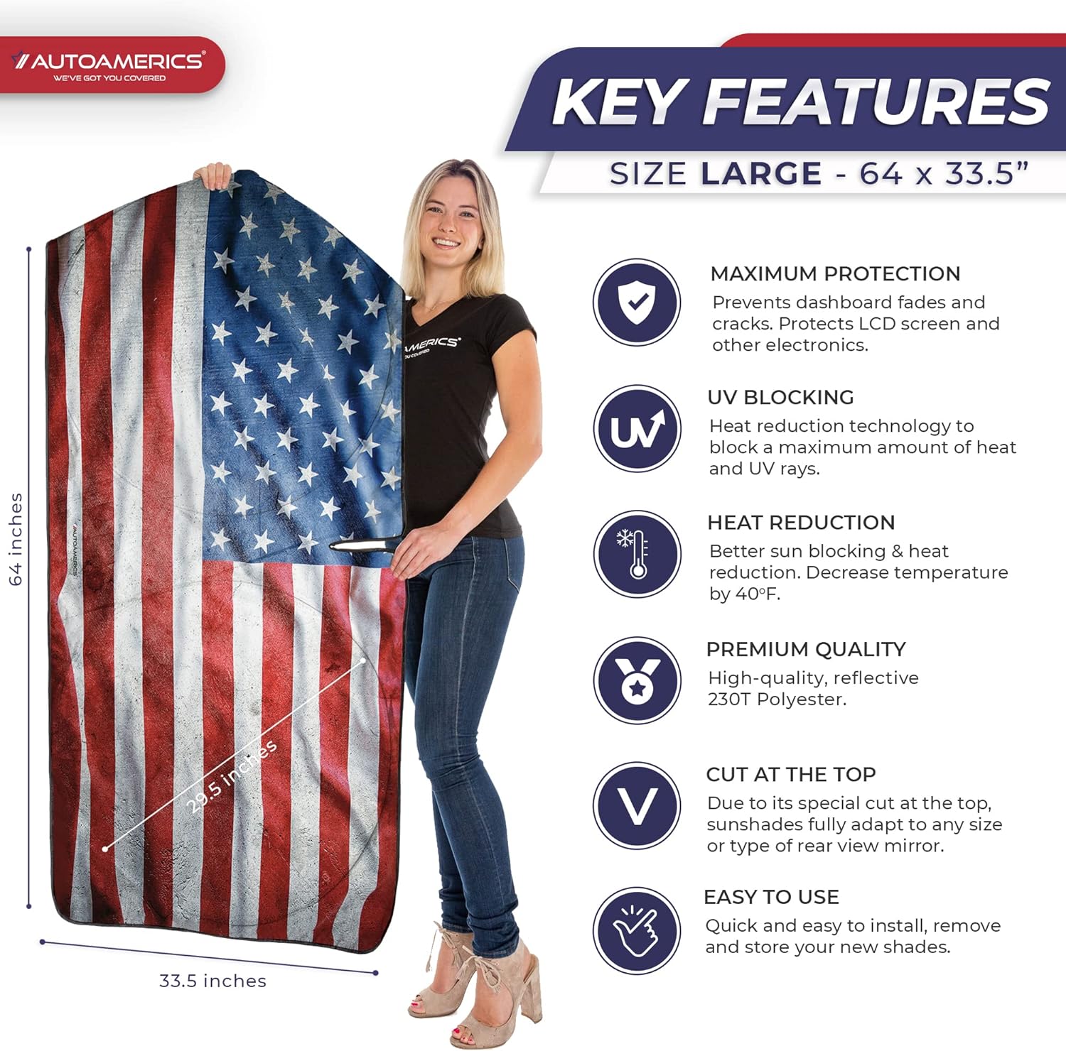 Autoamerics 1-Piece Windshield Sun Shade Grunge American Flag - 3 USA  - Foldable Car Front Window Sunshade for Most Sedans SUV Truck - Blocks Max UV Rays and Keeps Your Vehicle Cool - Large