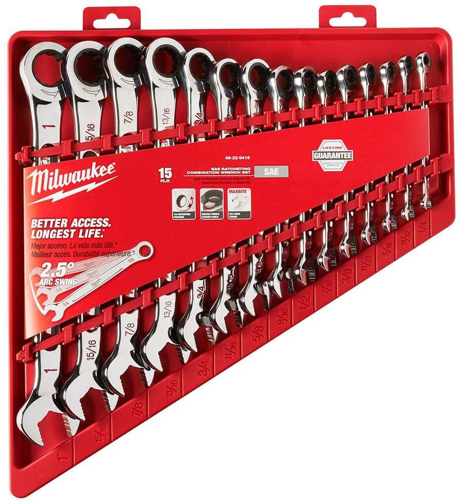 Milwaukee SAE Combination Ratcheting Wrench Mechanics Tool Set (15-Piece)