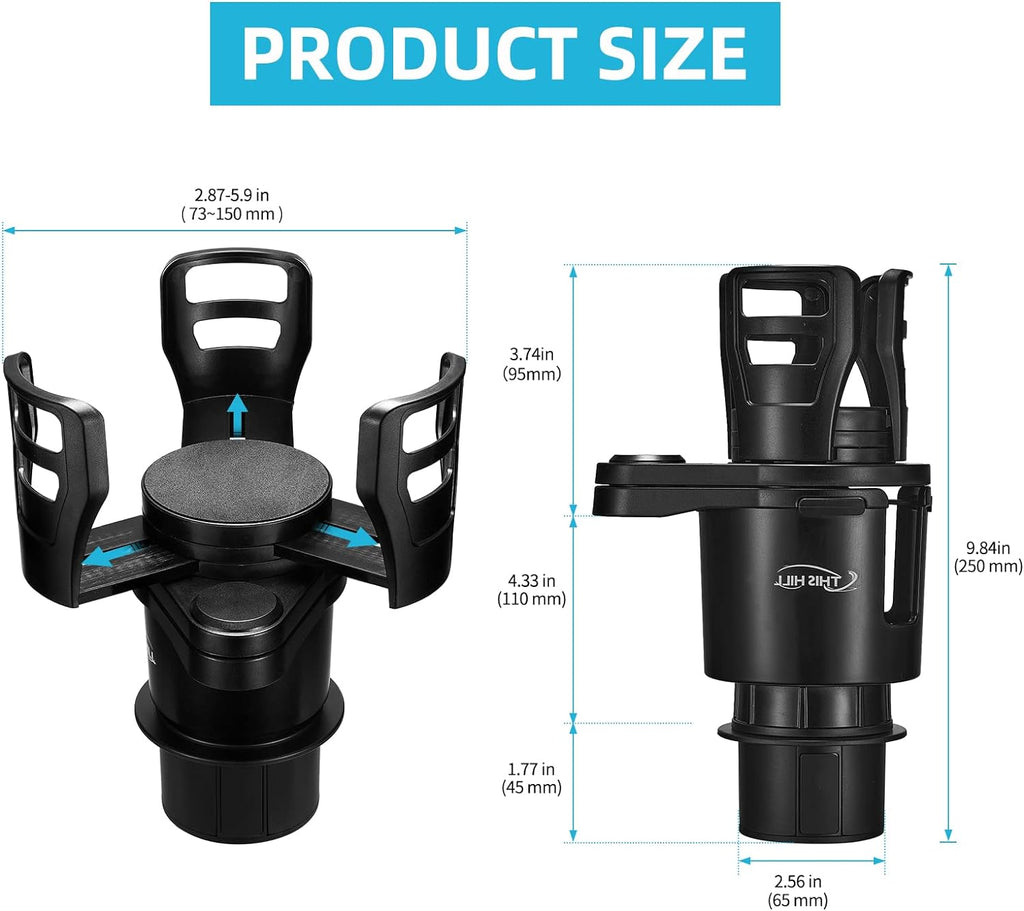 2 in 1 Large Car Cup Holder Extender Adapter THIS HILL with Adjustable Base, Wider Diameter, Universal Car Cup Holder and Organizer for Snack Bottles Cups Drinks Upgraded