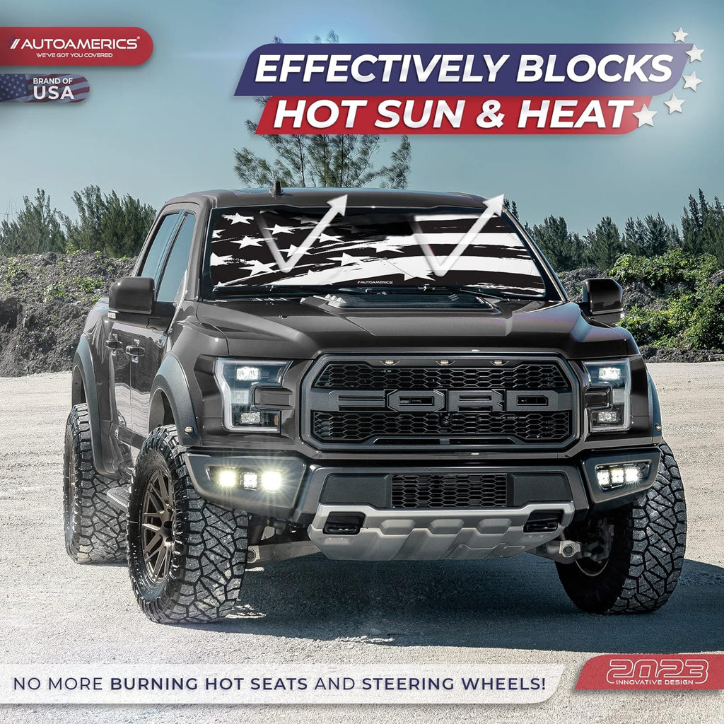 Autoamerics 1-Piece Windshield Sun Shade B&amp;W Art American Flag USA  - Foldable Car Front Window Sunshade for Most Sedans SUV Truck - Blocks Max UV Rays and Keeps Your Vehicle Cool - X-Large