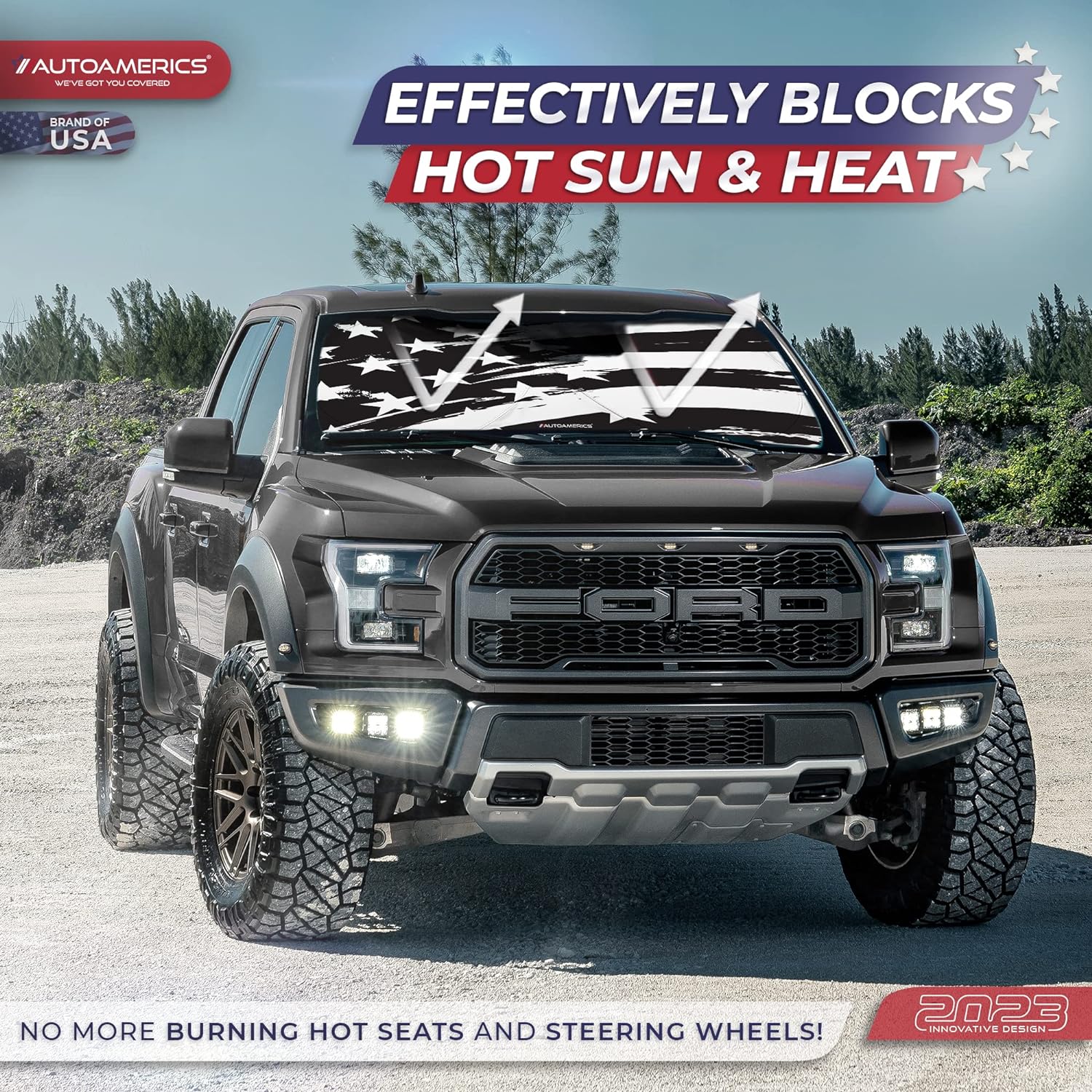 Autoamerics 1-Piece Windshield Sun Shade B&amp;W Art American Flag USA  - Foldable Car Front Window Sunshade for Most Sedans SUV Truck - Blocks Max UV Rays and Keeps Your Vehicle Cool - Medium