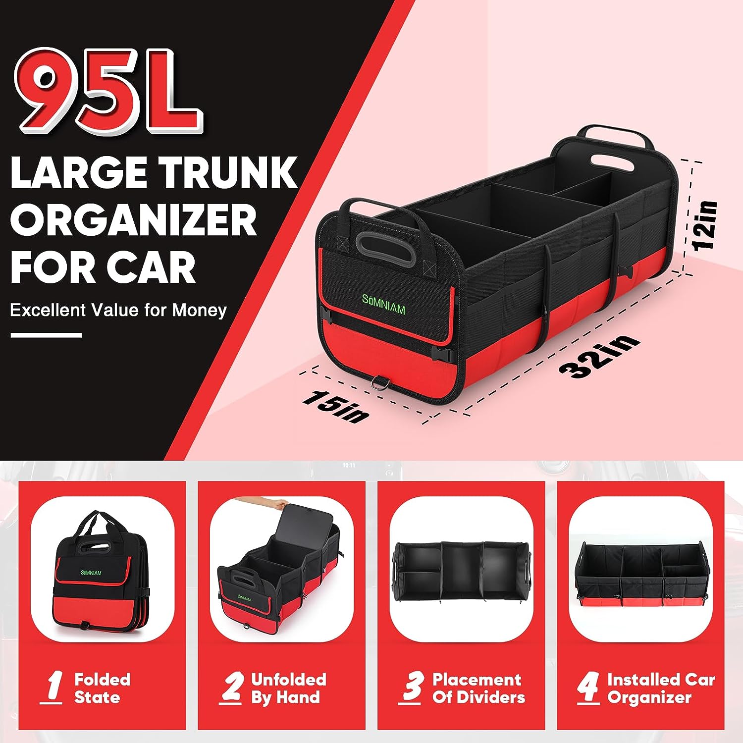 Simniam Large Trunk Organizer for Car, Collapsible Multi Compartment Car Trunk Organizer with 2 Retractable Straps, Suitable for All Kinds of Cars, SUV, Minivan - 4 Compartments Red