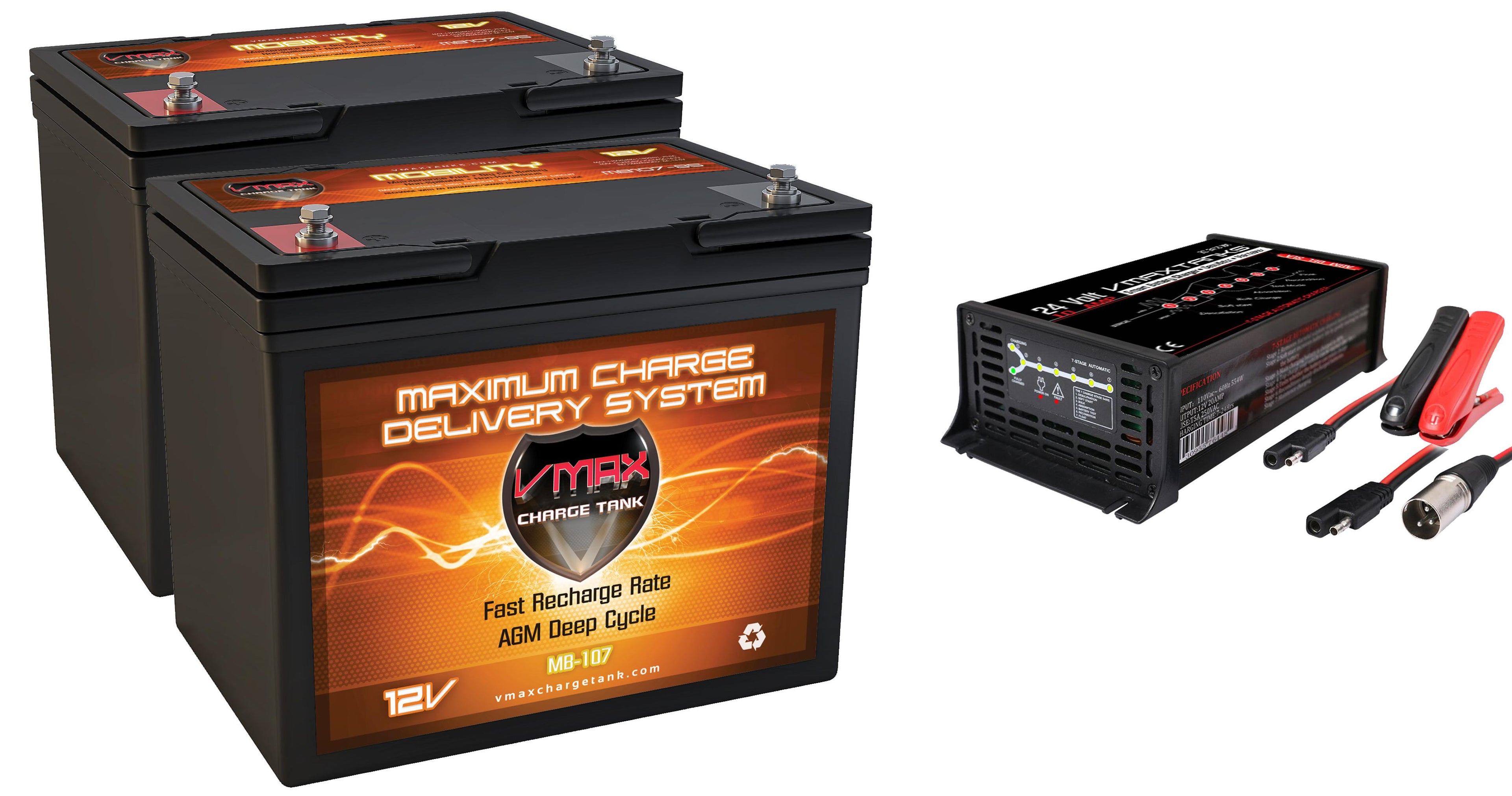 2 VMAX MB107-85 12V 85ah Group 24 AGM Batteries + BC2410XMA Smart Charger 24V 10A 3 Pin Male XM for ie P300