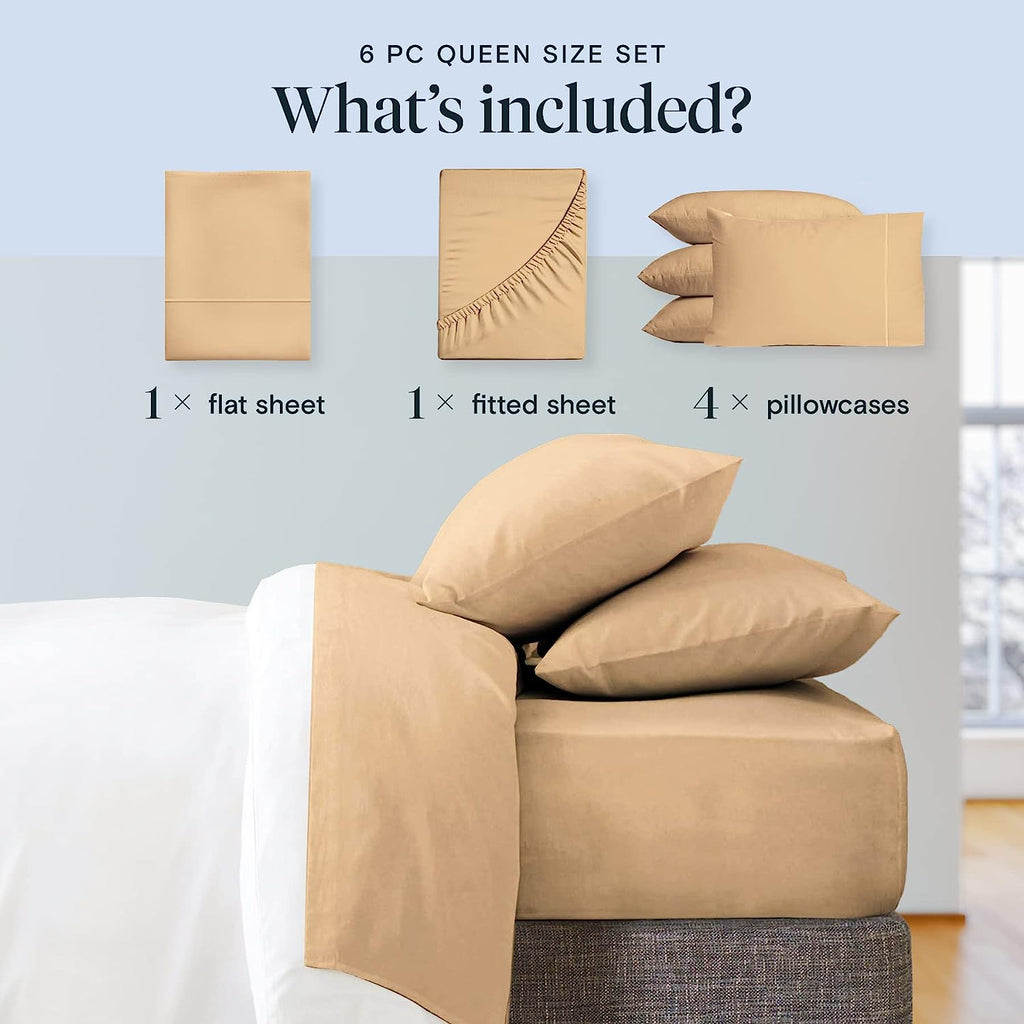 LuxClub 6 PC King Size Sheet Set Bamboo Sheets Deep Pockets 18" Eco Friendly Wrinkle Free Cooling Sheets Machine Washable Hotel Bedding Silky Soft - Mocha King