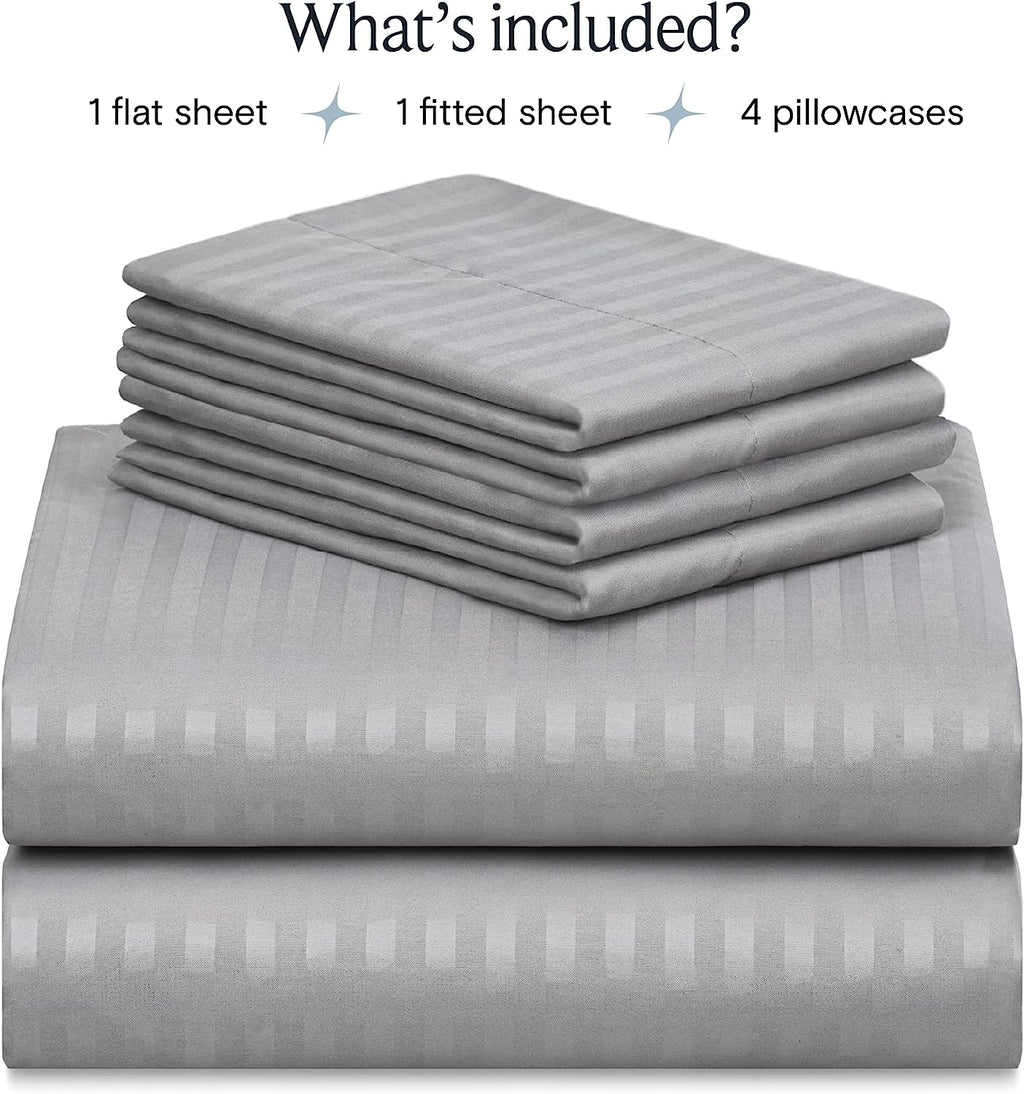 LuxClub Queen Size Striped Sheets Set, 6 PC Striped Bed Sheets, Deep Pockets 18" Eco Friendly Wrinkle Free Cooling Sheets Machine Washable Hotel Bedding Silky Soft (Queen, Striped Light Grey)