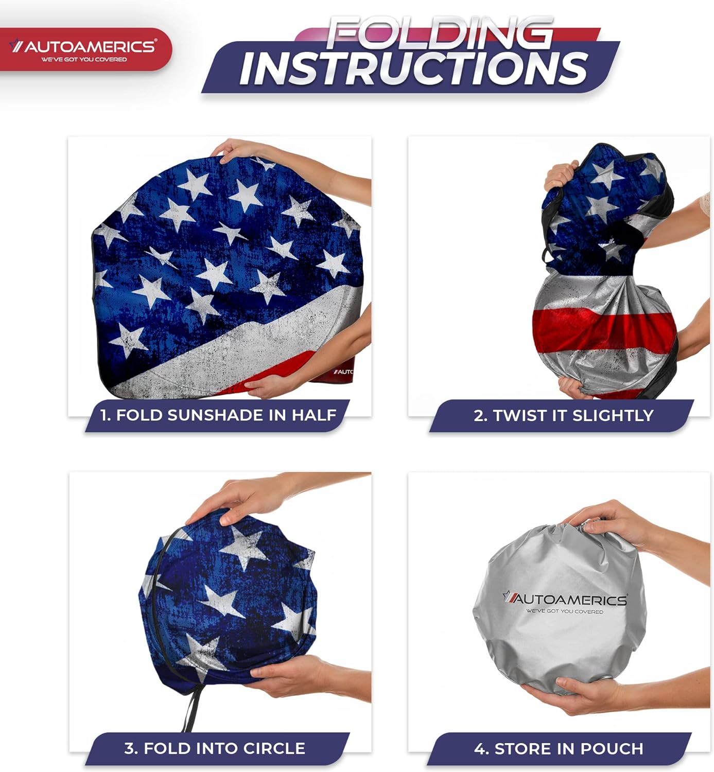 Autoamerics 1-Piece Windshield Sun Shade Grunge American Flag - 4 USA  - Foldable Car Front Window Sunshade for Most Sedans SUV Truck - Blocks Max UV Rays and Keeps Your Vehicle Cool - X-Large