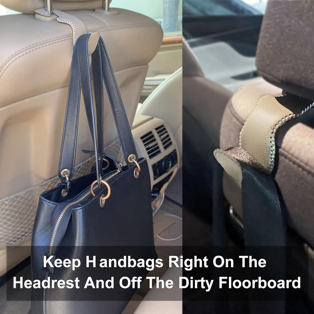 EldHus Seat Hooks for Purses and Bags, 2 Pack Car Purse Holder for Grocery Bag Handbag Clothes, Metal Headrest Hooks Covered by Leather, Beige