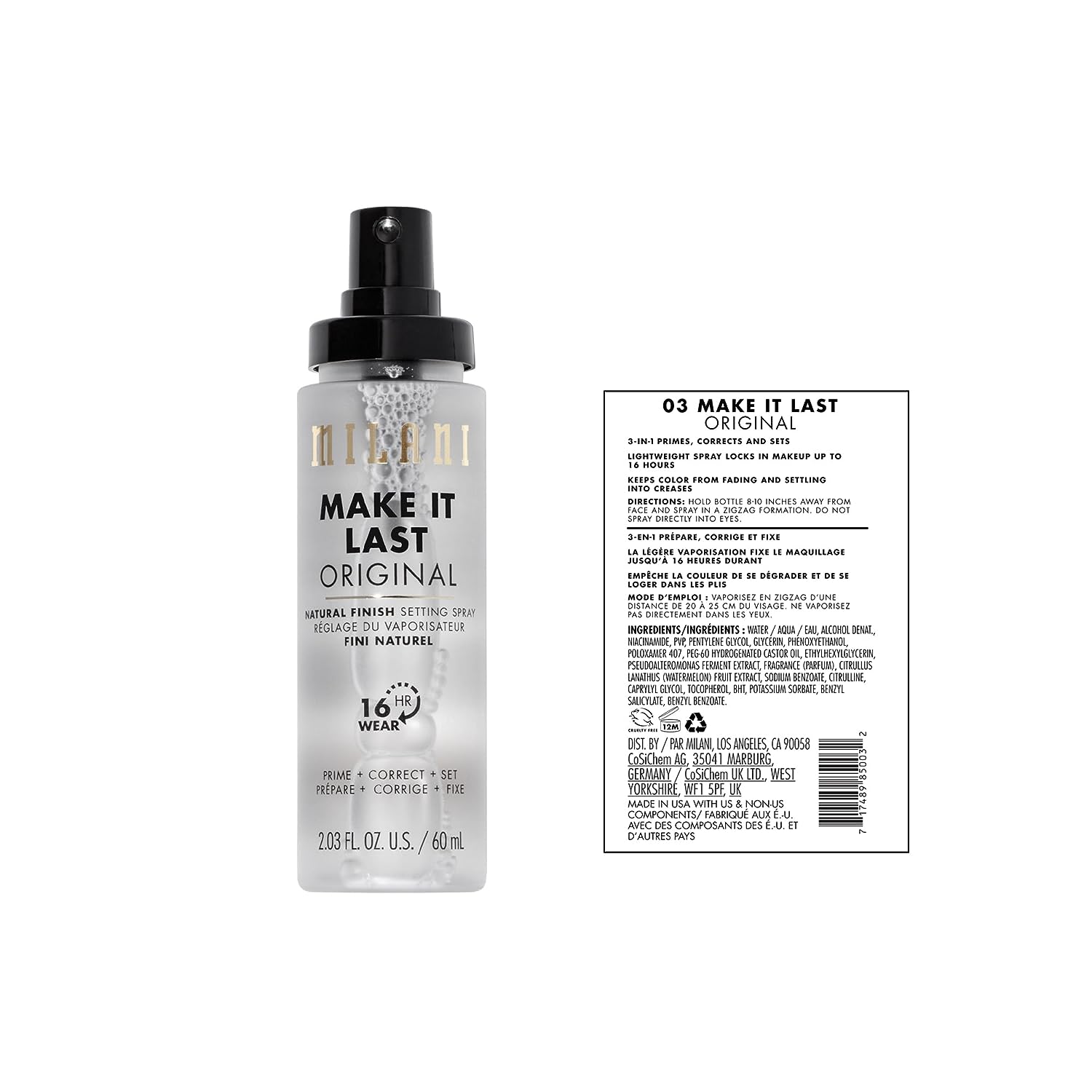 Milani Make It Last 3-in-1 Setting Spray and Primer- Prime + Correct + Set (2.03 Fl. Oz.) Makeup Finishing Spray and Primer - Long Lasting