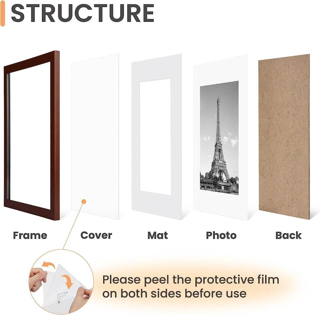 upsimples 8x10 Picture Frame Set of 5,Display Pictures 5x7 with Mat or 8x10 Without Mat,Wall Gallery Photo Frames, Brown