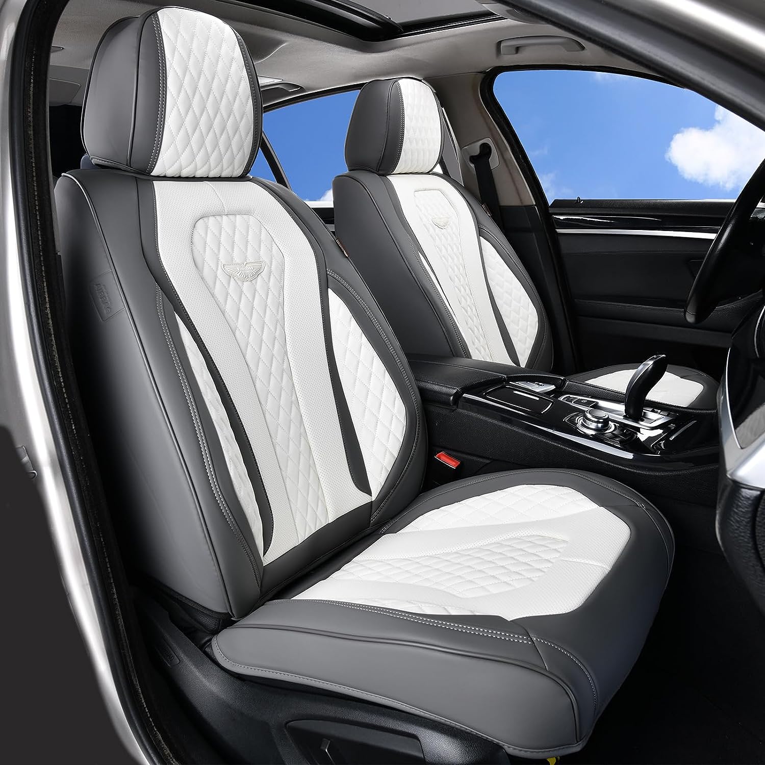 Coverado Leather Seat Covers Front, 2-Pack Universal Seat Covers for Cars, Waterproof Luxury Leatherette Car Seat Cushions, Car Seats Protectors, Driver Seat Covers Fit for Most Vehicles GaryWhite