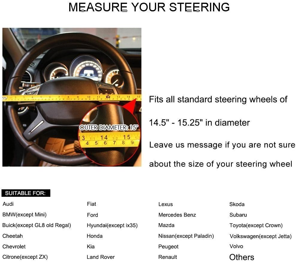 Valleycomfy Steering Wheel Covers Universal 15 inch - Genuine Leather, Breathable, Anti Slip &amp; Odor (Black with Blue Lines, M(14" 1/2-15" 1/4))