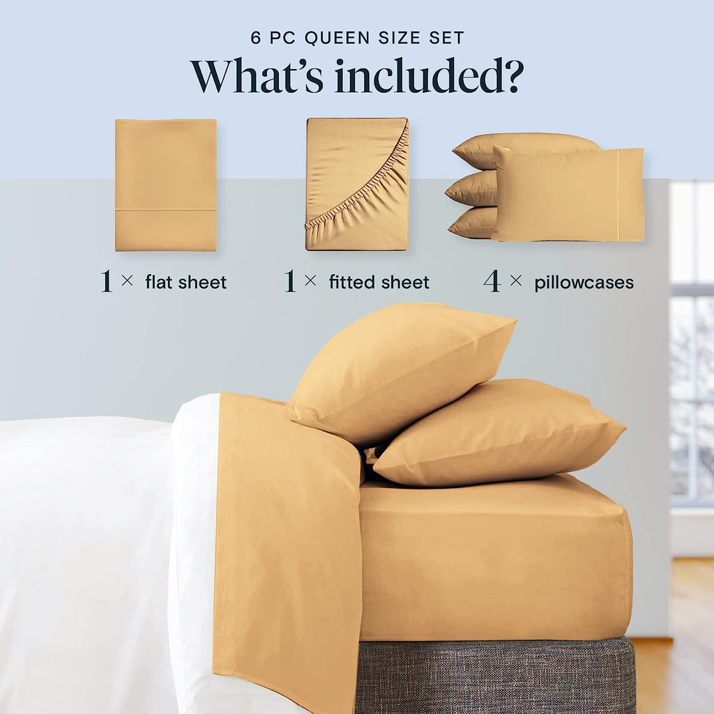 LuxClub 6 PC King Size Sheet Set Bamboo Sheets Deep Pockets 18" Eco Friendly Wrinkle Free Cooling Sheets Machine Washable Hotel Bedding Silky Soft - Gold King