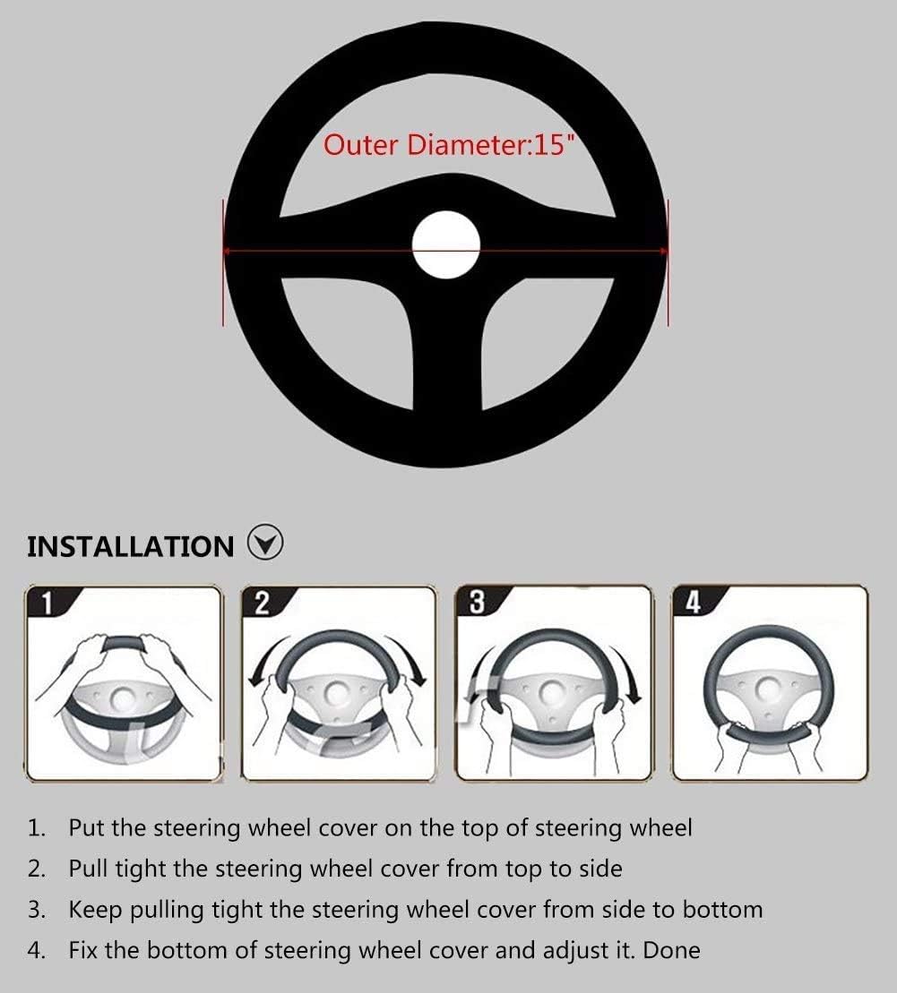 Valleycomfy Steering Wheel Covers Universal 15.75 inch - Genuine Leather, Breathable, Anti Slip &amp; Odor (Black with Black Lines, L(15" 1/2-16"))