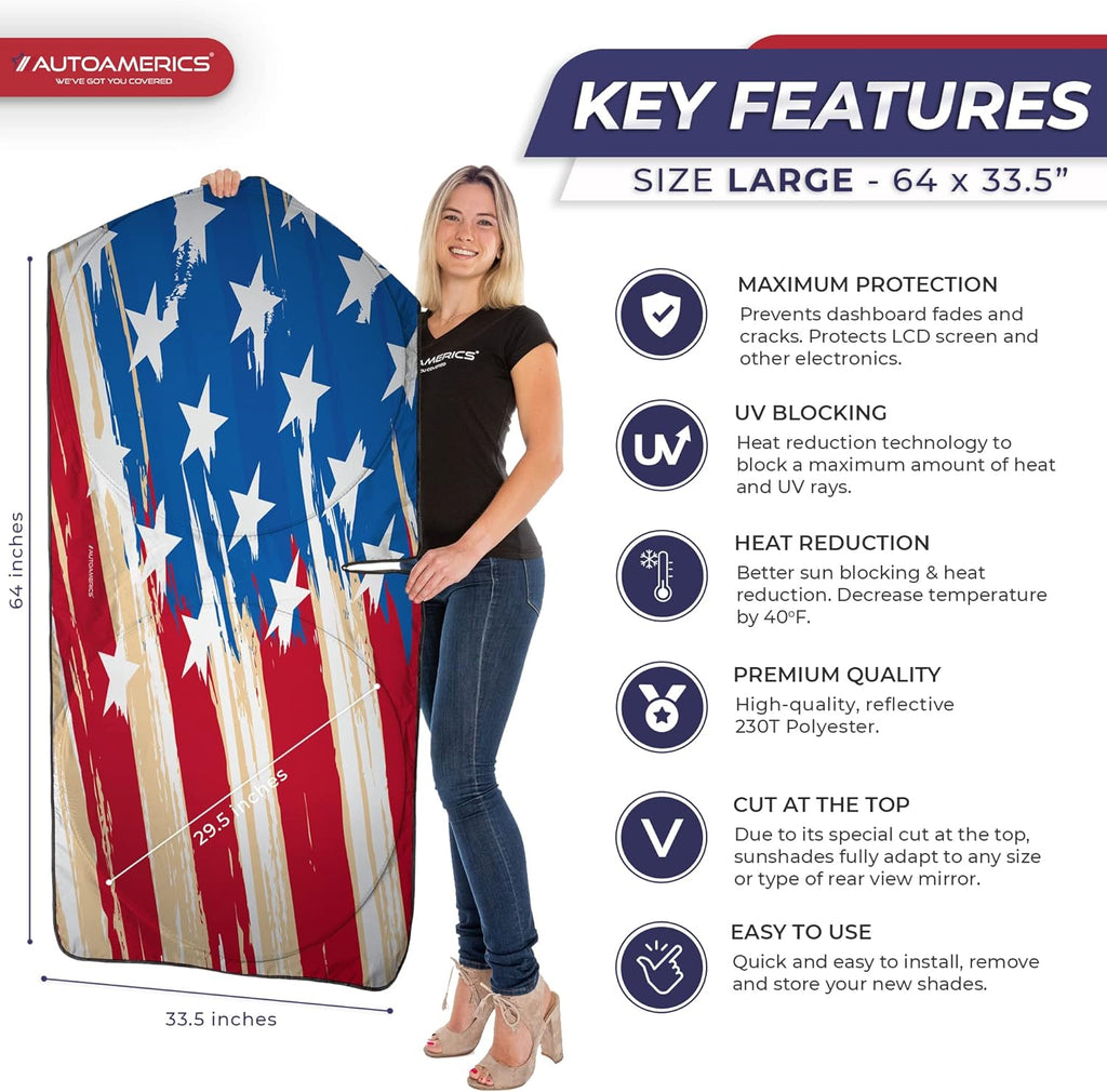 Autoamerics 1-Piece Windshield Sun Shade USA Art Flag - 1 American  - Foldable Car Front Window Sunshade for Most Sedans SUV Truck - Blocks Max UV Rays and Keeps Your Vehicle Cool - Large