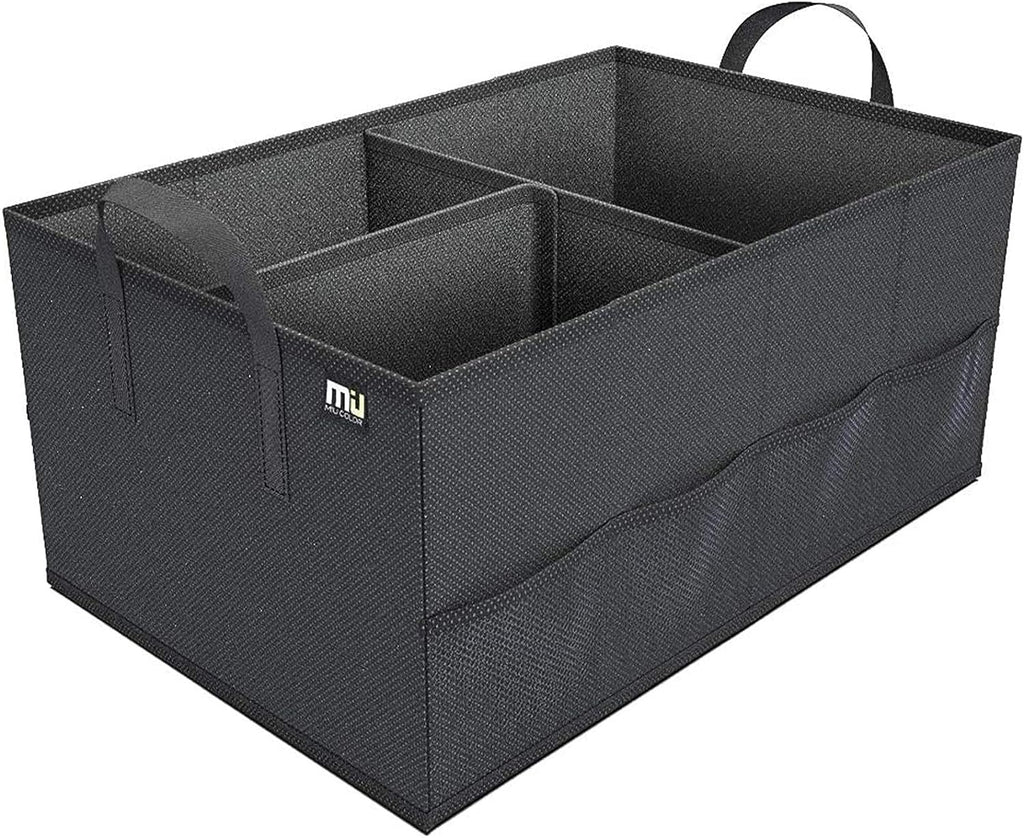 MIU COLOR Car Trunk Organizer with 8 Mesh Pockets, 52L Collapsible Cargo Storage Containers with Strap Handle for Sedan SUV, Black