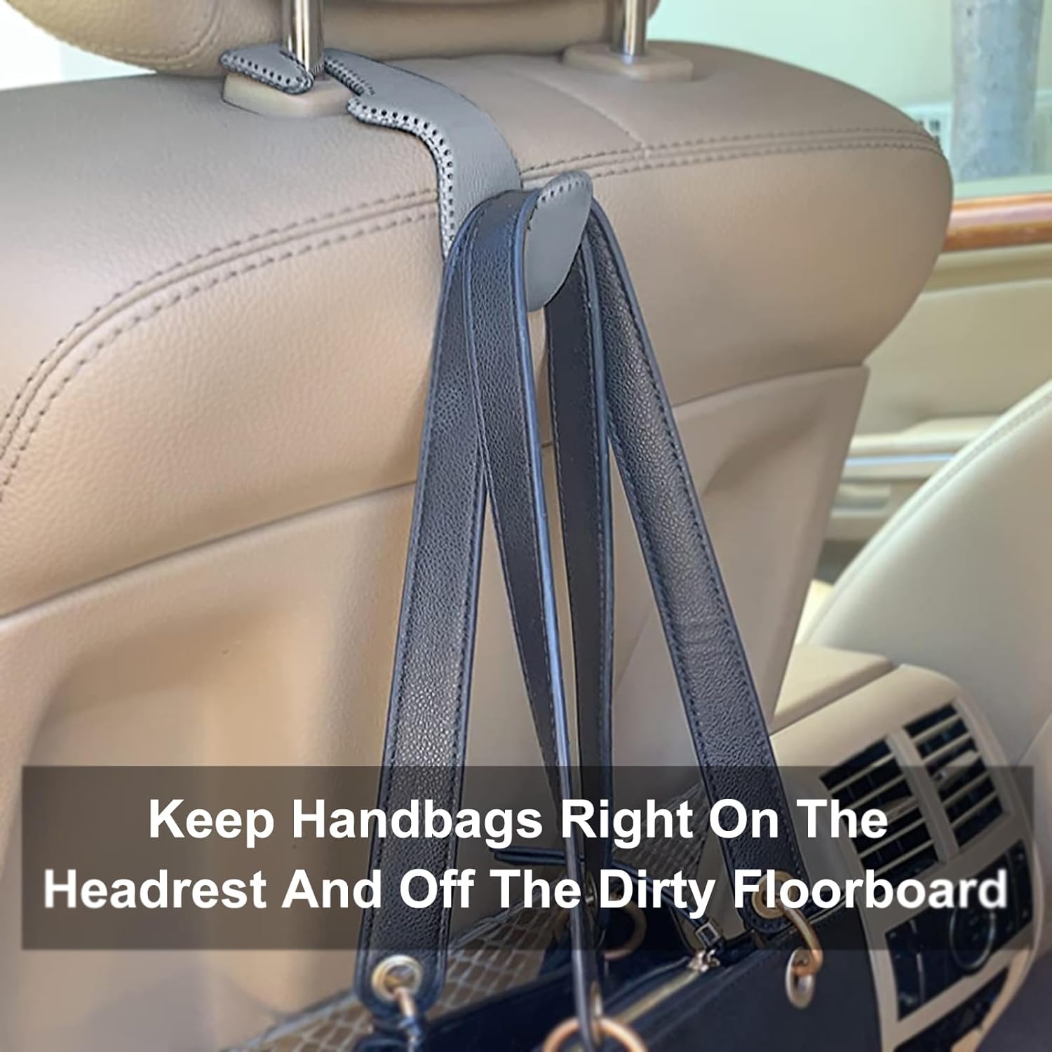 EldHus Seat Hooks for Purses and Bags, 4 Pack Car Purse Holder for Grocery Bag Handbag Clothes, Metal Headrest Hooks Covered by Leather, Grey