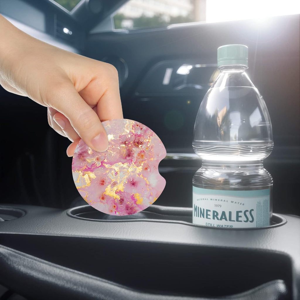 Nipichsha Car Cup Holder Coasters, 2 Pack Anti Slip Insert Coasters, Rubber Car Cup Mat with A Finger Notch, Cute Car Interior Accessories for Women Men(Gold Pink Marble)