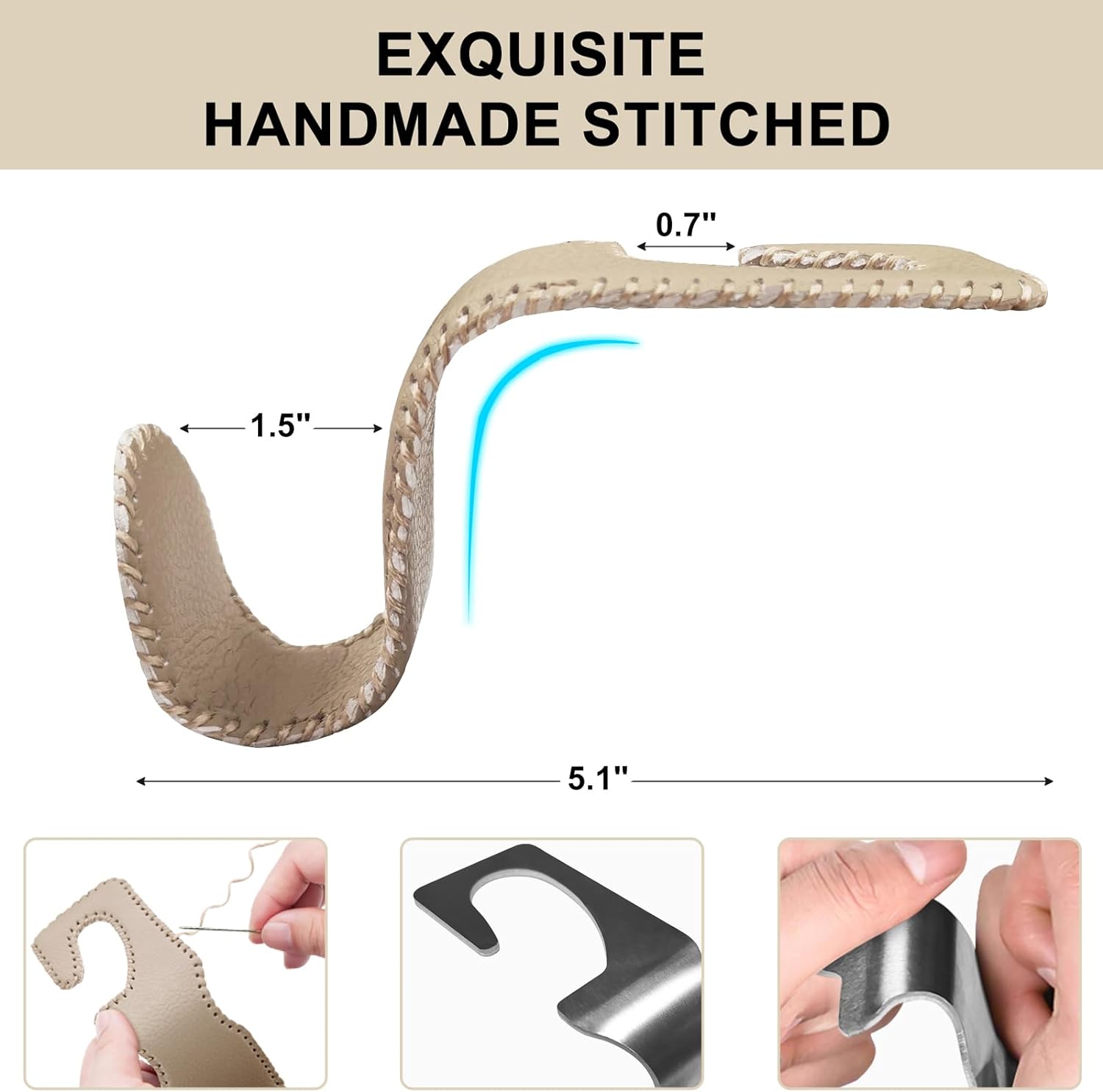 EldHus Seat Hooks for Purses and Bags, 2 Pack Car Purse Holder for Grocery Bag Handbag Clothes, Metal Headrest Hooks Covered by Leather, Beige