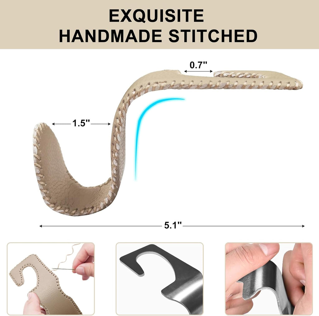 EldHus Seat Hooks for Purses and Bags, 4 Pack Car Purse Holder for Grocery Bag Handbag Clothes, Metal Headrest Hooks Covered by Leather, Beige