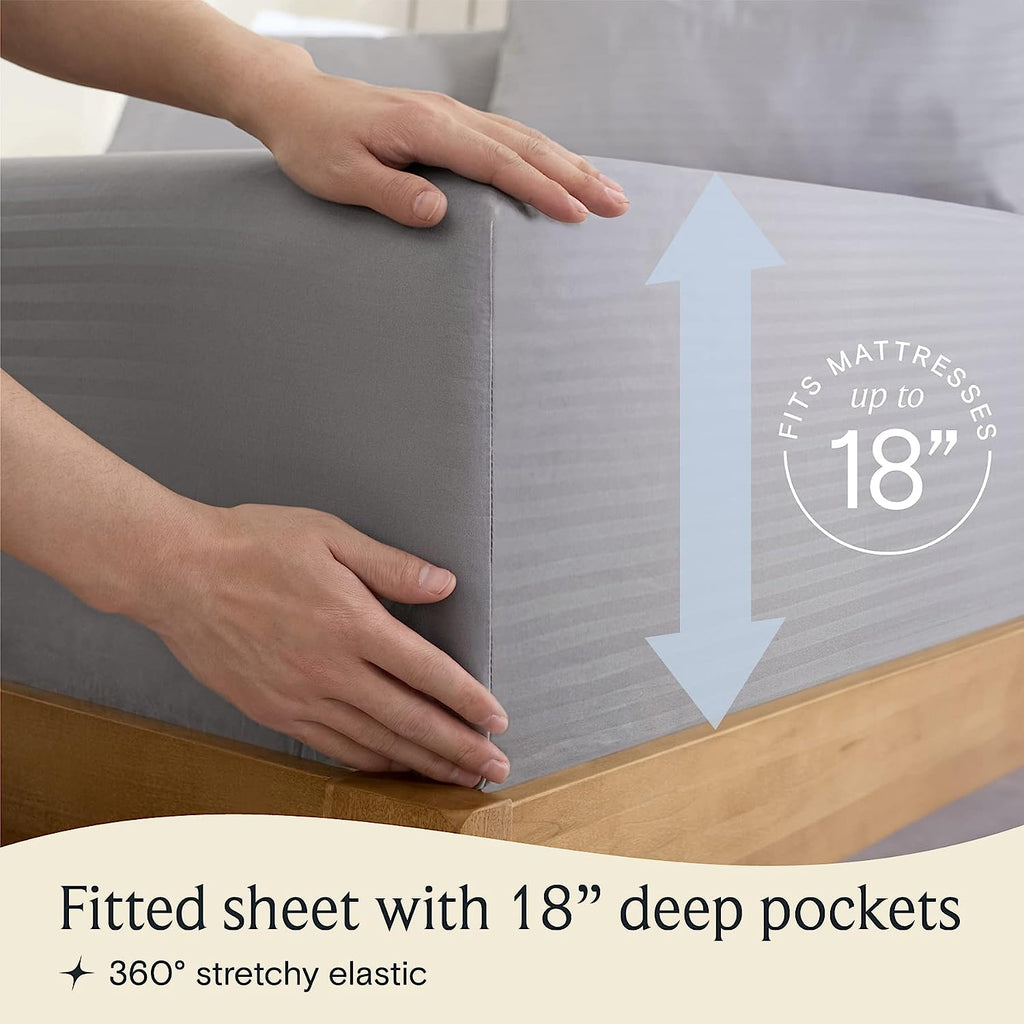 LuxClub Queen Size Striped Sheets Set, 6 PC Striped Bed Sheets, Deep Pockets 18" Eco Friendly Wrinkle Free Cooling Sheets Machine Washable Hotel Bedding Silky Soft (Queen, Striped Light Grey)