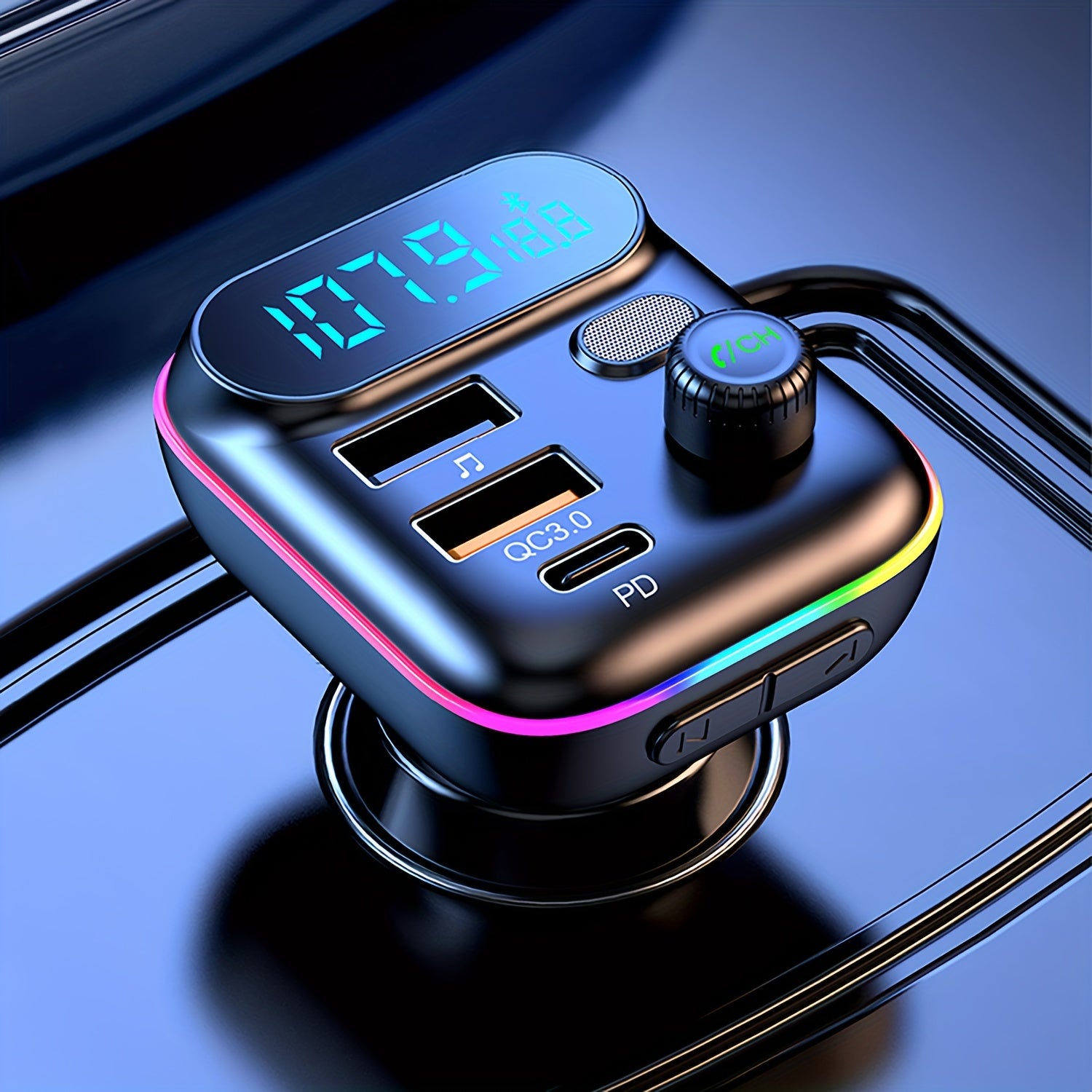Adapter For Car, Wireless FM Radio Transmitter, Wireless 5.0, MP3 Music Player, QC3.0 + PD 20W USB Car Charger, 7 Colors LED