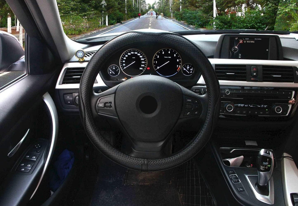 Valleycomfy Universal 15 inch Auto Car Steering Wheel Cover with Black Genuine Leather for HRV CRV Accord Corolla Prius Rav4 Tacoma Camry X1 X3 X5 335i 535i,etc