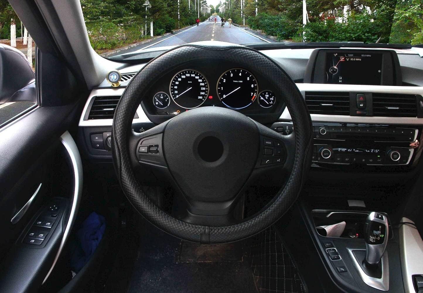Valleycomfy Steering Wheel Covers Universal 15.75 inch - Genuine Leather, Breathable, Anti Slip &amp; Odor (Black with Black Lines, L(15" 1/2-16"))