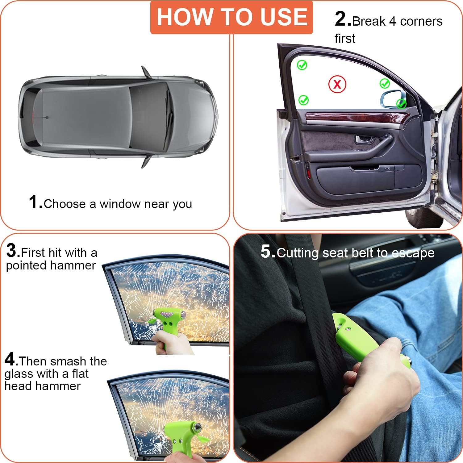 THINKWORK 6-in-1 Car Safety Hammer (Glow-in-Dark), Emergency Escape Tool with Window Breaker and Seat Belt Cutter for First Responders and Roadside Safety Kits, Life-Saving Hammer Gift for Family