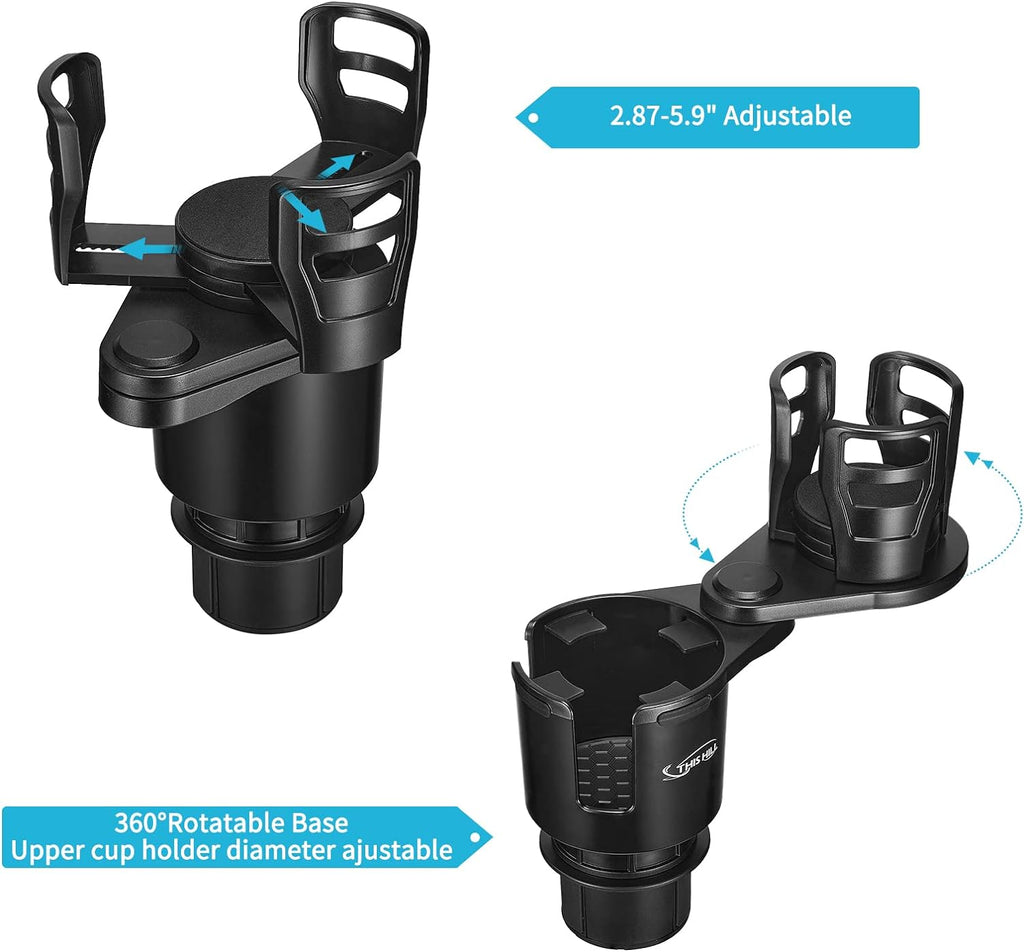 2 in 1 Large Car Cup Holder Extender Adapter THIS HILL with Adjustable Base, Wider Diameter, Universal Car Cup Holder and Organizer for Snack Bottles Cups Drinks Upgraded