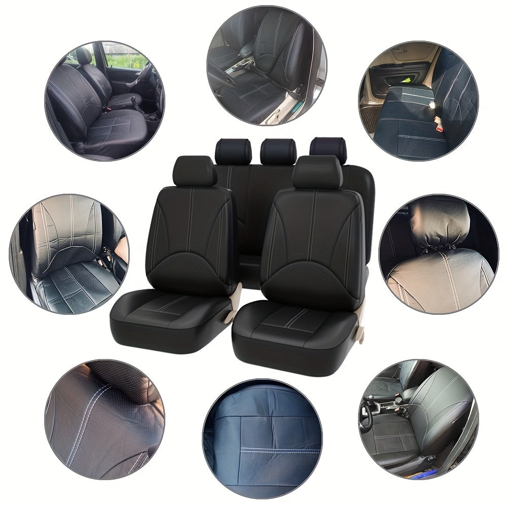 5 Seats PVC Quilted Leather Car Seat Covers, Breathable Faux Leather Auto Front Rear Seat Cushion Covers, Vehicle Seat Protectors Universal For Cars