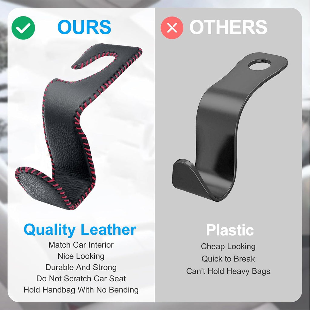 EldHus Seat Hooks for Purses and Bags, 2 Pack Car Purse Holder for Grocery Bag Handbag Clothes, Metal Headrest Hooks Covered by Leather, Black Red