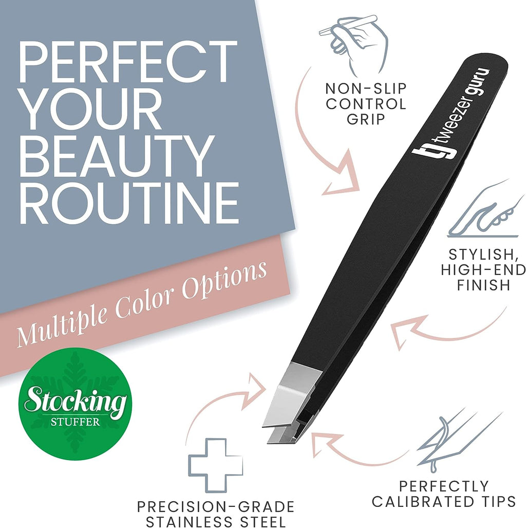 Tweezer Guru Tweezers for Women - 2pc Slant Pointed Precision Tweezers for Eyebrows &amp; Ingrown Hair Removal - Blackhead and Splinter Tweezer with Sharp Needle Nose Point for Plucking (Black +Bold Blue)