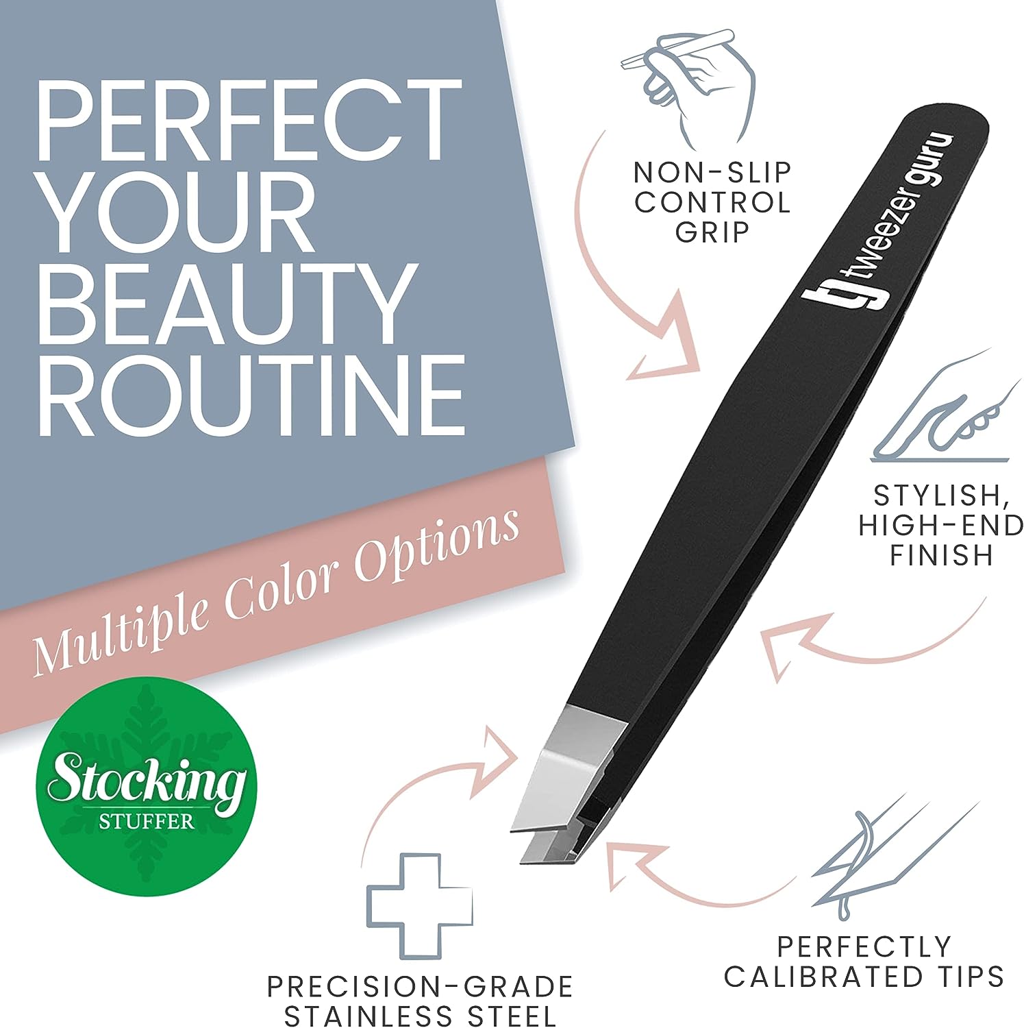 Tweezer Guru Tweezers for Women - 2pc Slant Pointed Precision Tweezers for Eyebrows &amp; Ingrown Hair Removal - Blackhead and Splinter Tweezer with Sharp Needle Nose Point for Plucking (Black +Bold Blue)