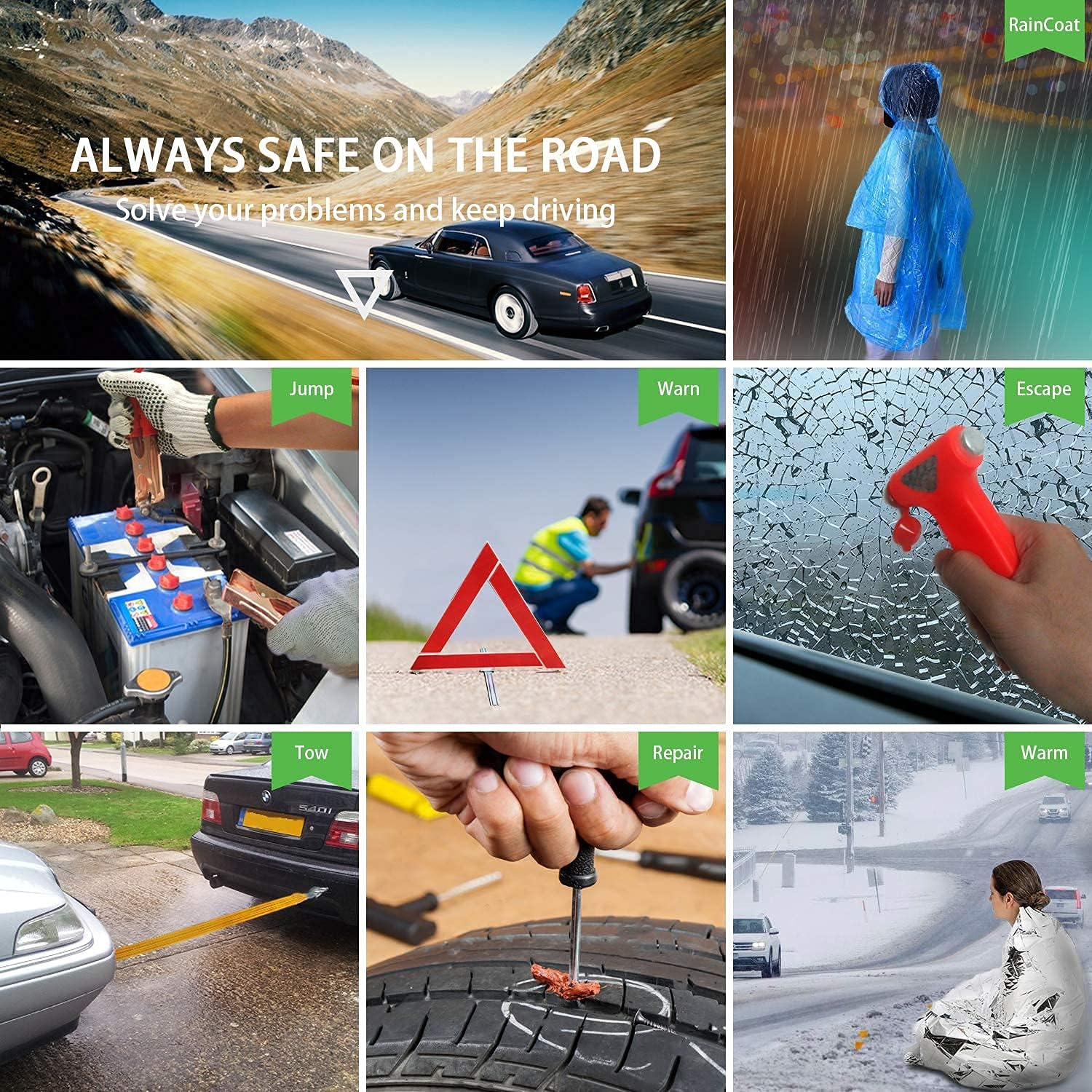 STDY Car Roadside Emergency Kit, Vehicle Truck Safety Road Side Assistance Kits Auto Accessory, with Jumper Cables, First Aid Kit, Tow Rope, Reflective Triangle, Tire Pressure Gauge, etc