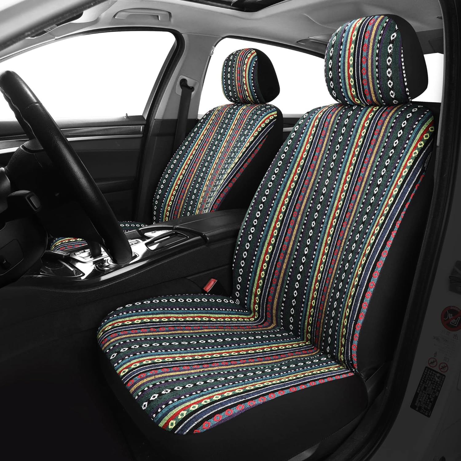 Pariitadin Baja Saddle Blanket Car Seat Covers Front Set with Seat Belt Pads, Washable Breathable Striped Woven Cloth Seat Covers for Cars, Universal Fit Most Cars, Airbag Compatible, Red/Blue