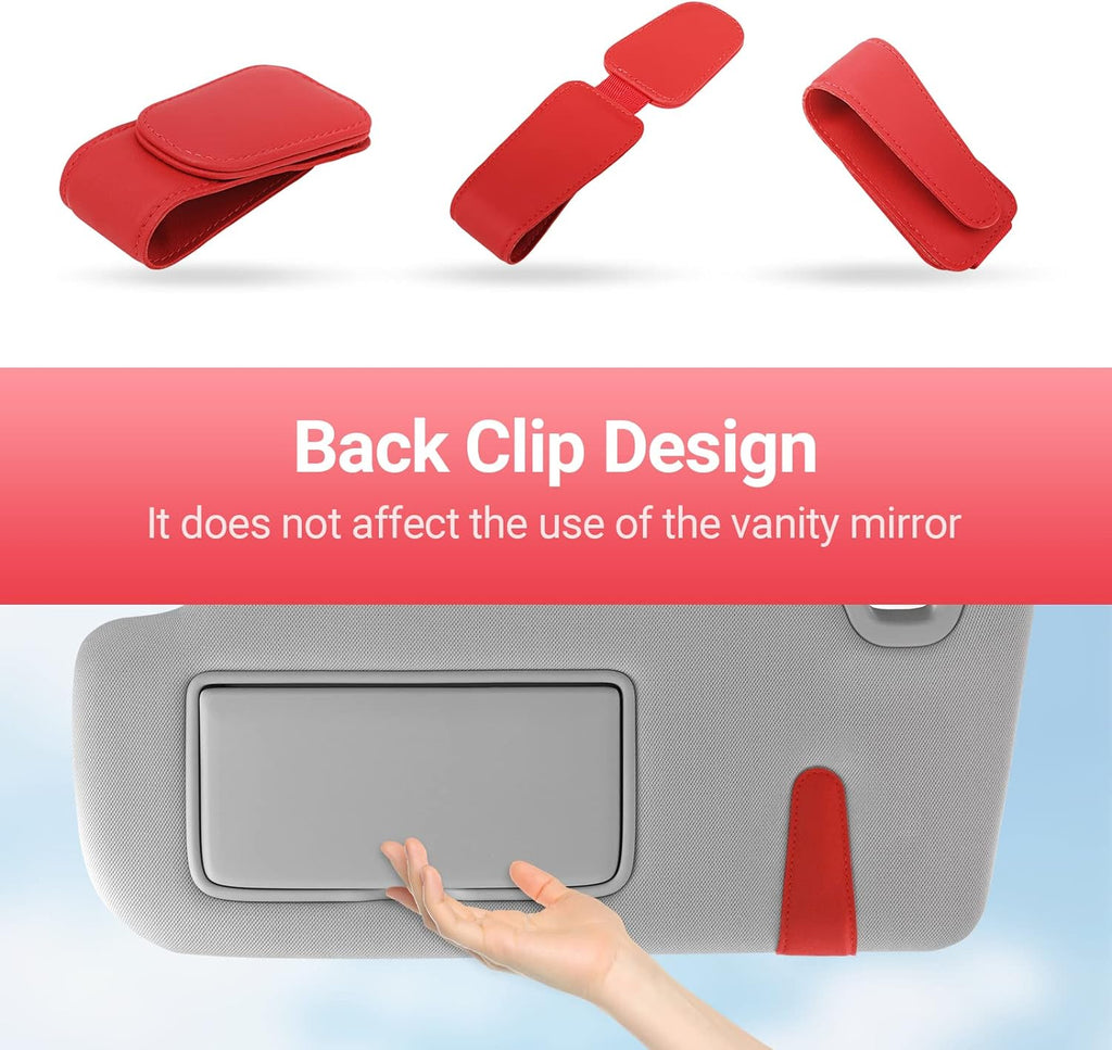 Sunglass Holder for Car Visor Sunglasses Clip Magnetic Leather Glasses Eyeglass Holder Interior Car Accessories for Woman Man - 2 Packs Red