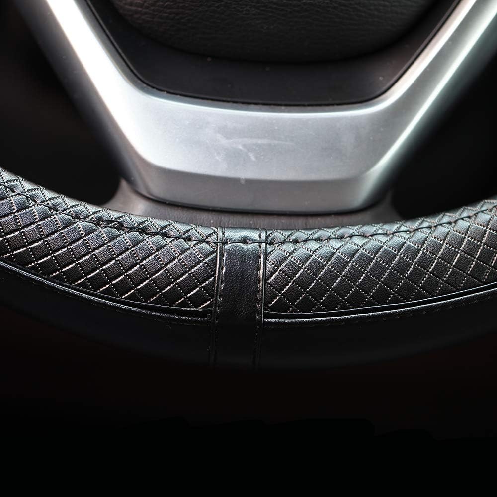 Valleycomfy Universal 15 inch Auto Car Steering Wheel Cover with Black Genuine Leather for HRV CRV Accord Corolla Prius Rav4 Tacoma Camry X1 X3 X5 335i 535i,etc