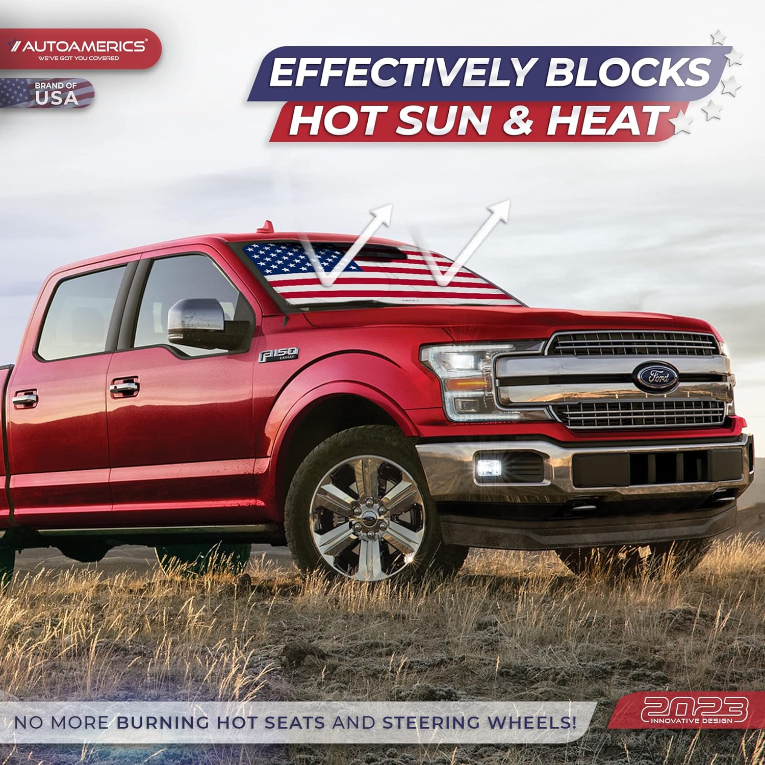 Autoamerics 1-Piece Windshield Sun Shade Original American Flag USA Patriotic  - Foldable Car Front Window Sunshade for Sedans SUV Truck - Blocks Max UV Rays and Keeps Your Vehicle Cool - Medium