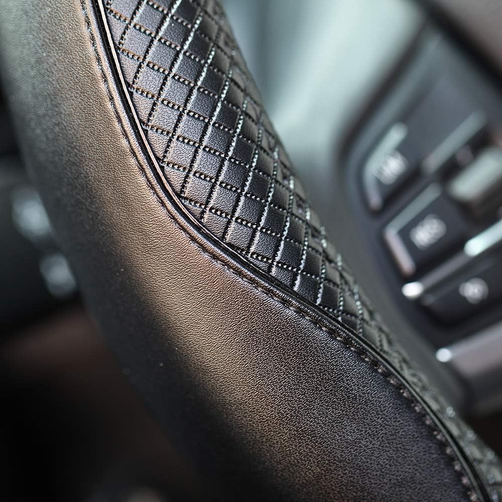 Valleycomfy Steering Wheel Covers Universal 15.75 inch - Genuine Leather, Breathable, Anti Slip &amp; Odor (Black with Black Lines, L(15" 1/2-16"))