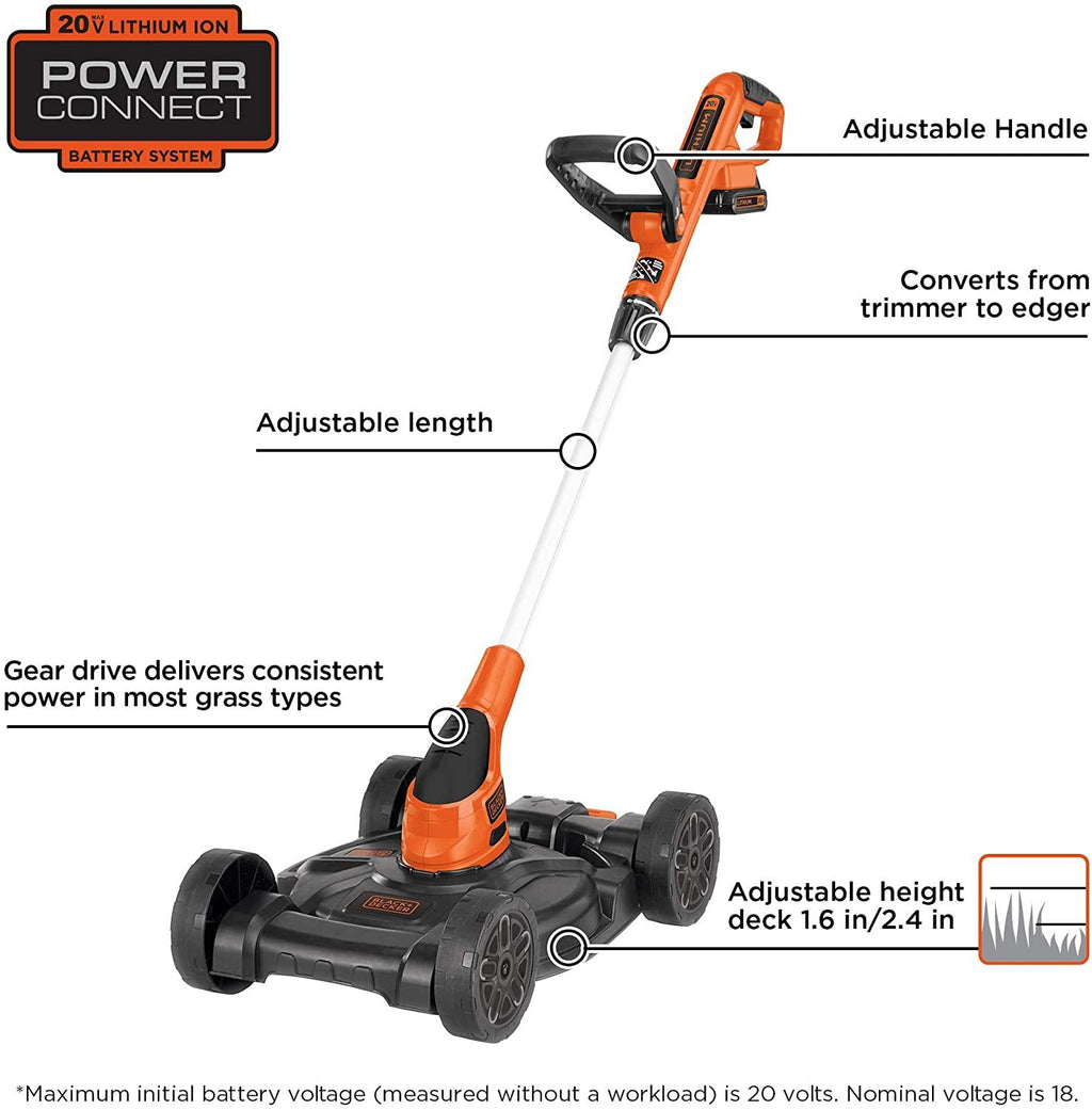 BLACK+DECKER 3-in-1 Lawn Mower, String Trimmer and Edger, 12-Inch with Extra 4-Ah Lithium Ion Battery Pack (MTC220 & LB2X4020)