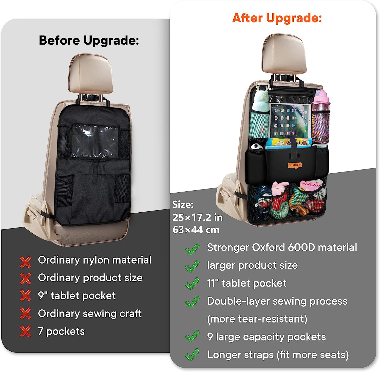 SURDOCA Car Organizers and Storage - Car Seat Organizer with 10.5-inch Clear Tablet Pocket, 4th Generation Backseat Car Organizer with 9 Pockets, Car Accessories for Kids, 2 Pack